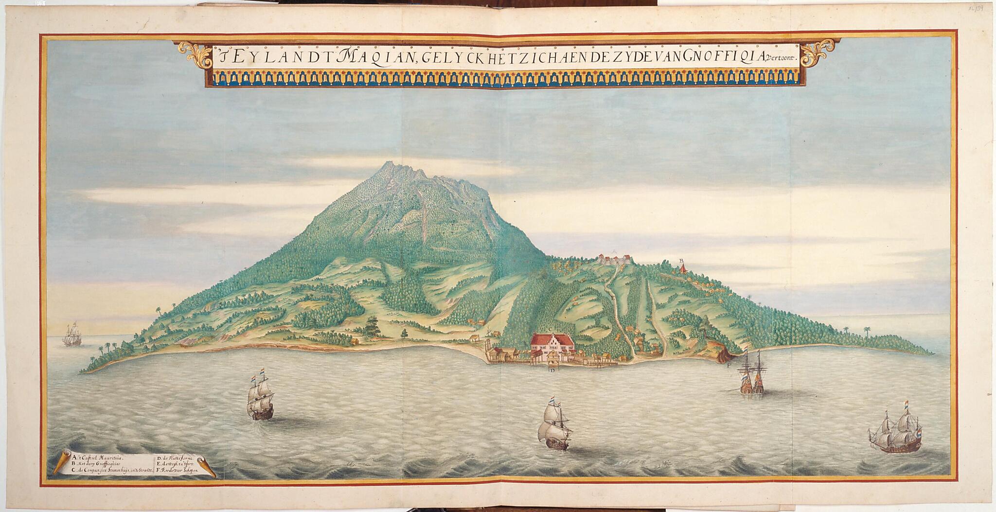 This old map of Makian As It Appears from the Side of Ngofakiaha. (T Eylandt Maqian, Gelyck Het Zich Aen De Zyde Van Gnoffiqia, Vertoond) from 1670 was created by Laurens Van Der Hem, Joan Vinckeboons in 1670