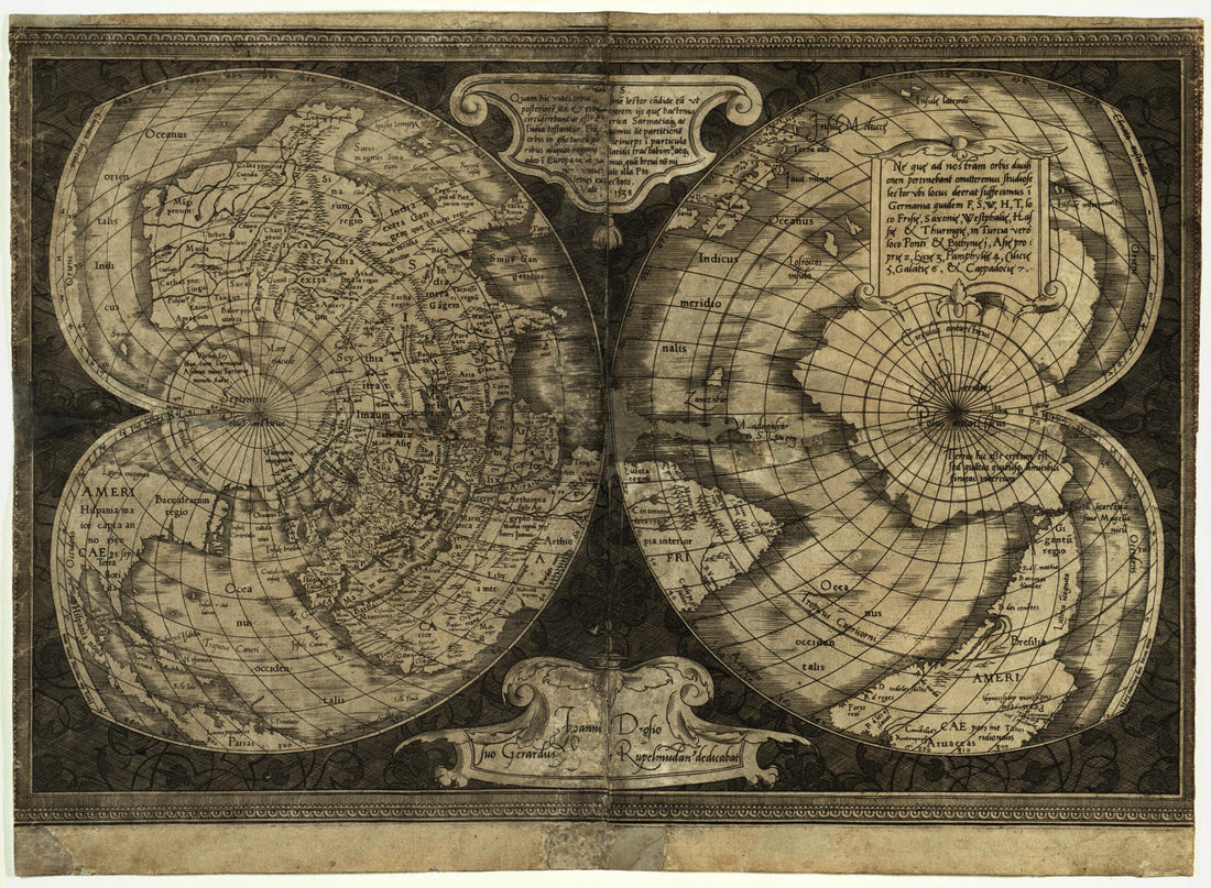 This old map of World Map On Double Cordiform Projection from 1538 was created by Gerhard Mercator in 1538