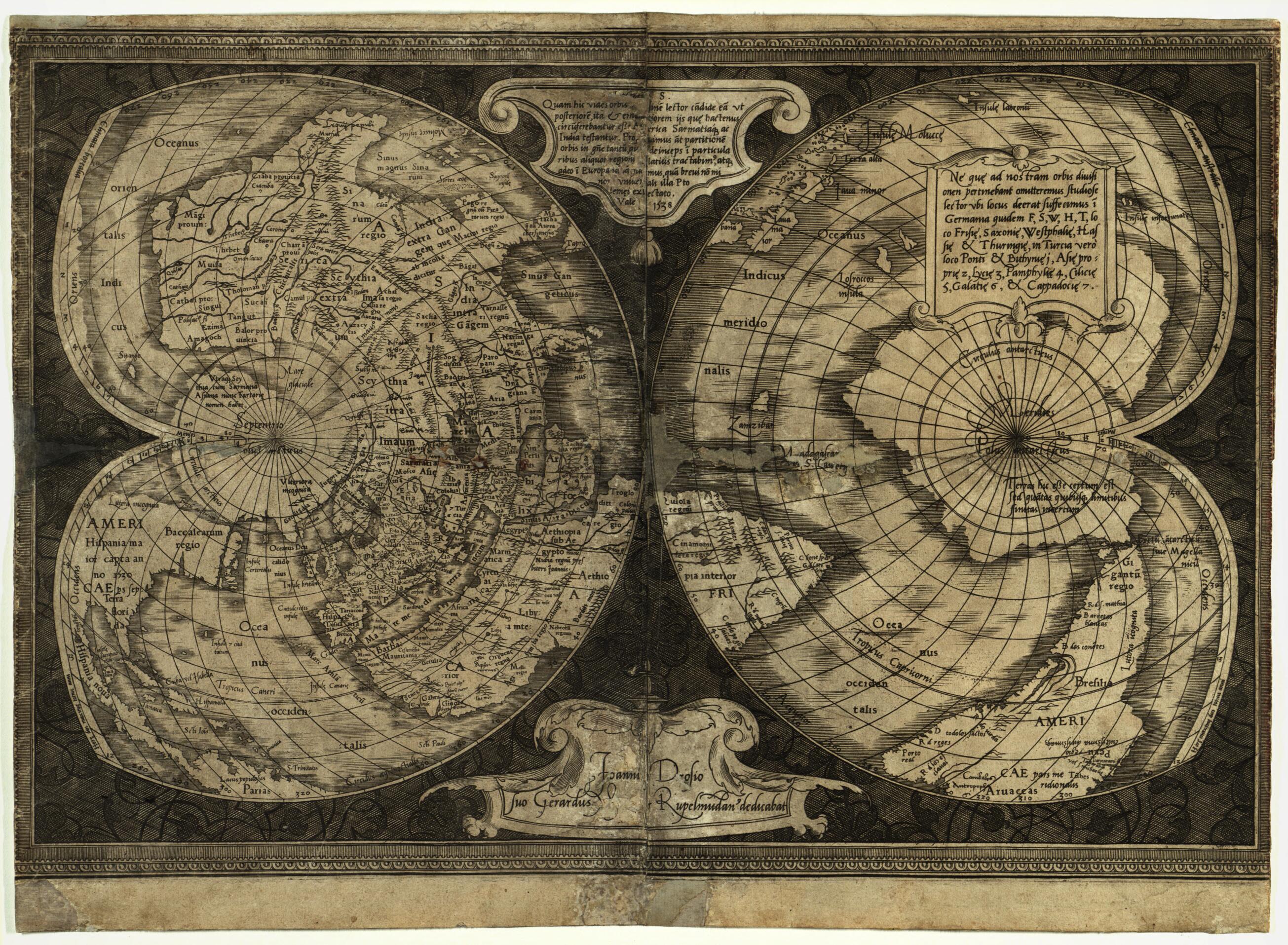 This old map of World Map On Double Cordiform Projection from 1538 was created by Gerhard Mercator in 1538