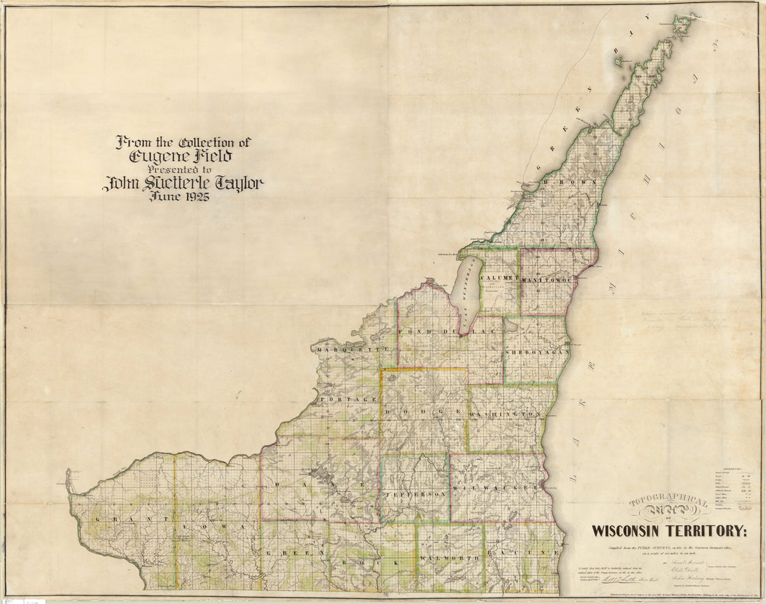 This old map of Topographical Map of Wisconsin Territory from 1837 was created by Doolittle & Munson, Elisha Dwelle, Joshua Hathaway, Samuel Morrison, Wisconsin. Board of Commissioners of Public Lands in 1837