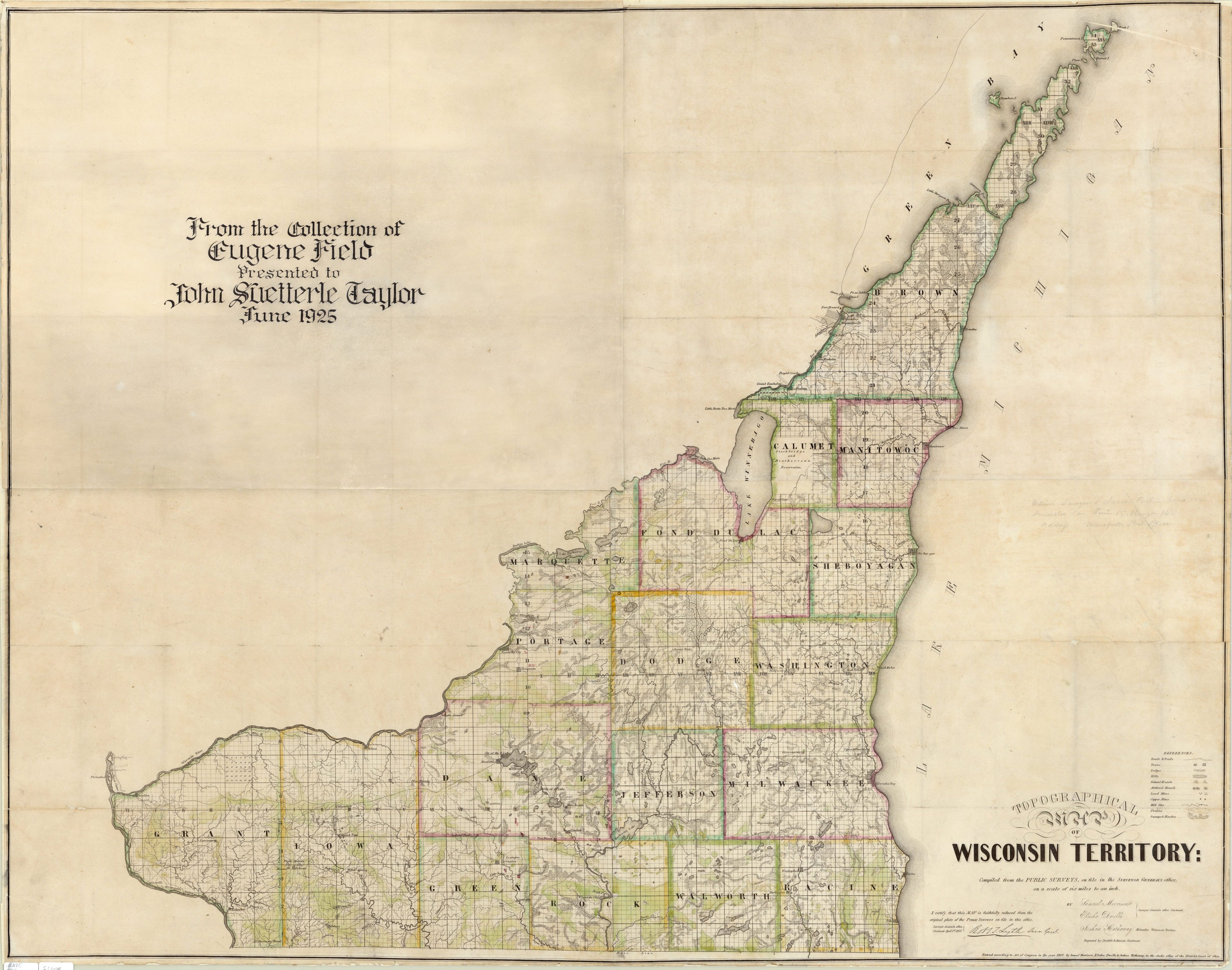 This old map of Topographical Map of Wisconsin Territory from 1837 was created by Doolittle & Munson, Elisha Dwelle, Joshua Hathaway, Samuel Morrison, Wisconsin. Board of Commissioners of Public Lands in 1837