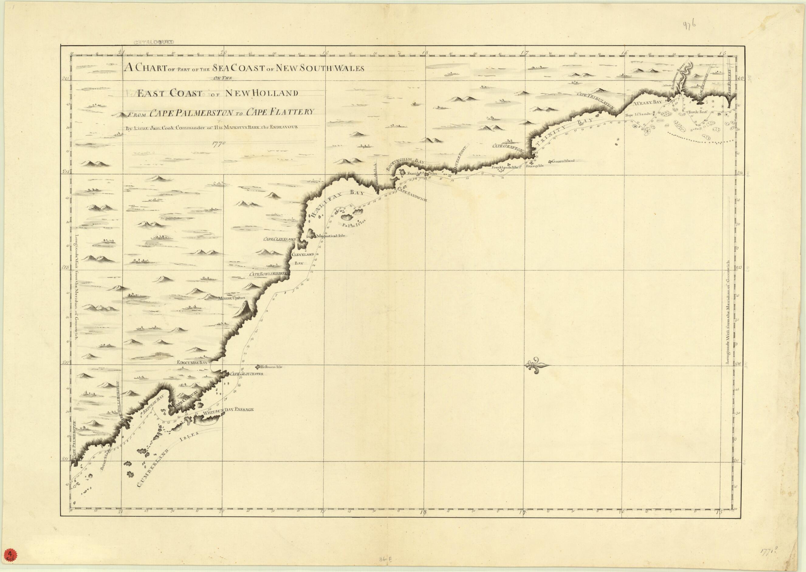 This old map of A Chart of Part of the Sea Coast of New South Wales On the East Coast of New Holland from Cape Palmerston to Cape Flattery from 1771 was created by James Cook in 1771