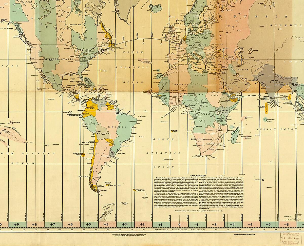 This old map of Time Zone Chart of the World from 1927 was created by Charles A. (Charles Augustus) Lindbergh,  United States. Hydrographic Office in 1927