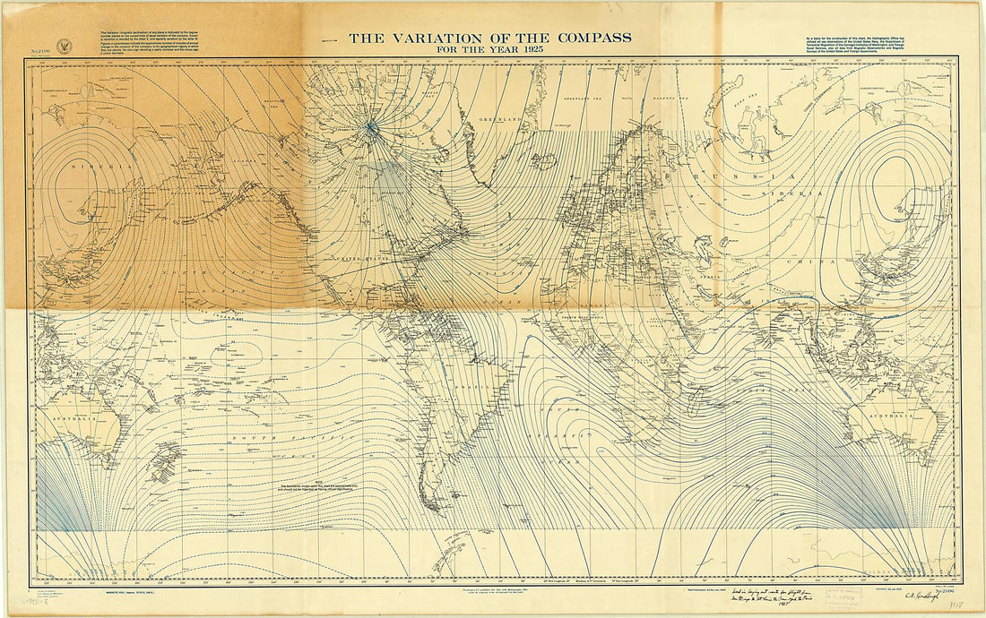 This old map of Variations of the Compass for the Year 1925 from 1926 was created by Charles A. (Charles Augustus) Lindbergh, United States. Hydrographic Office in 1926