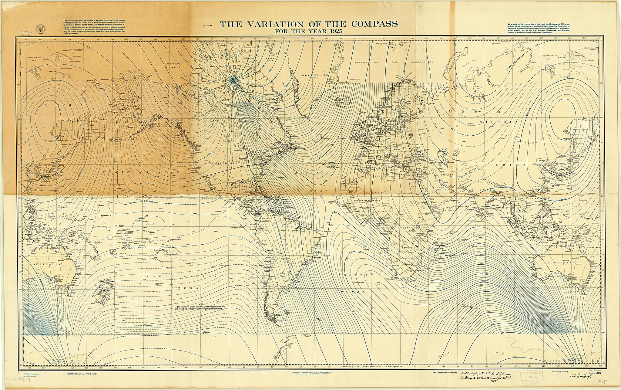 This old map of Variations of the Compass for the Year 1925 from 1926 was created by Charles A. (Charles Augustus) Lindbergh, United States. Hydrographic Office in 1926