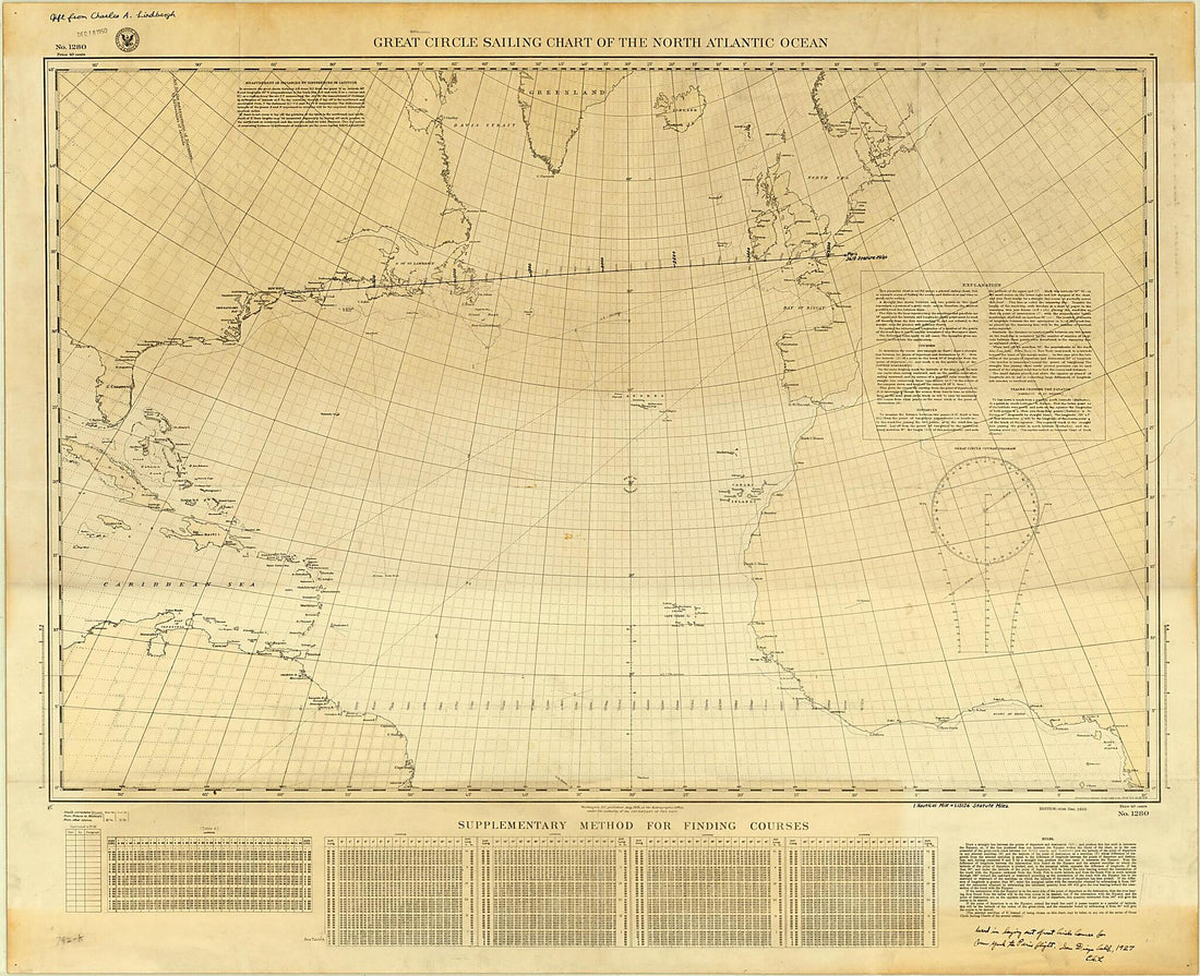 This old map of Great Circle Sailing Chart of the North Atlantic Ocean from 1926 was created by Charles A. (Charles Augustus) Lindbergh, United States. Hydrographic Office in 1926