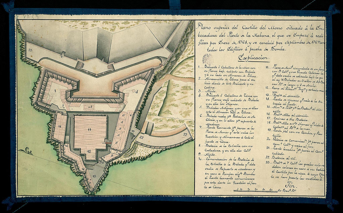 This old map of Upper View of the Castillo Del Morro Situated at the Mouth of the Bay of Havana. (Plano Superior Del Castillo Del Morro Situado En La Embocadora Del Puerto De La Habana, El Que Se Empezó a Redificar Por Enero De 1764, Y Se Concluió Por