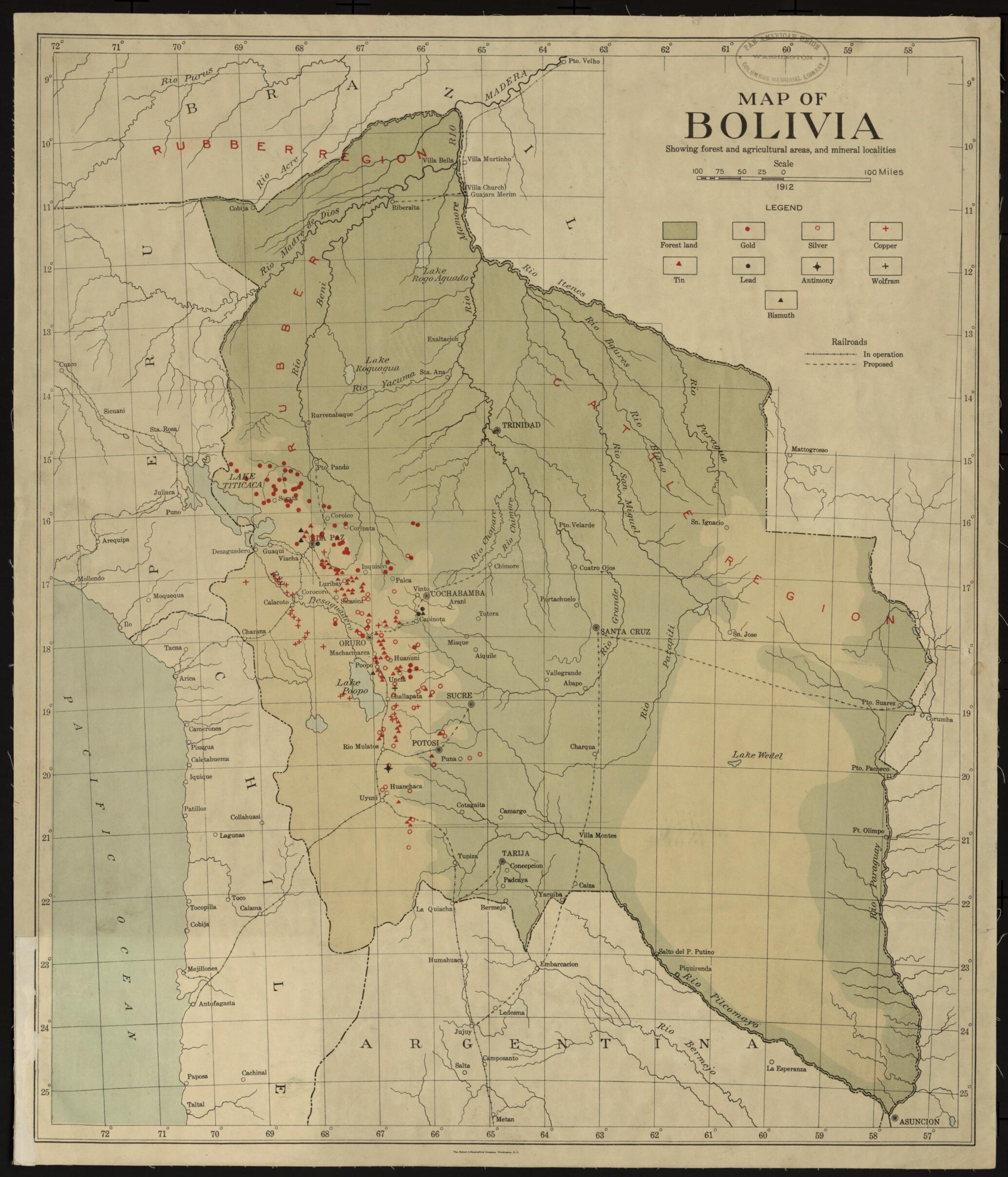 This old map of Map of Bolivia, Showing Forest and Agriculture Areas, and Mineral Localities from 1912 was created by in 1912