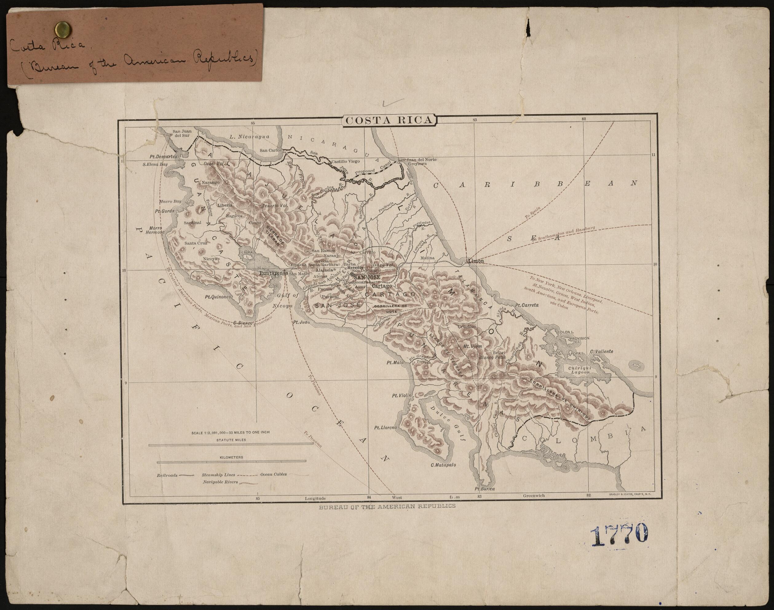 This old map of Costa Rica from 1890 was created by Bradley & Poates in 1890