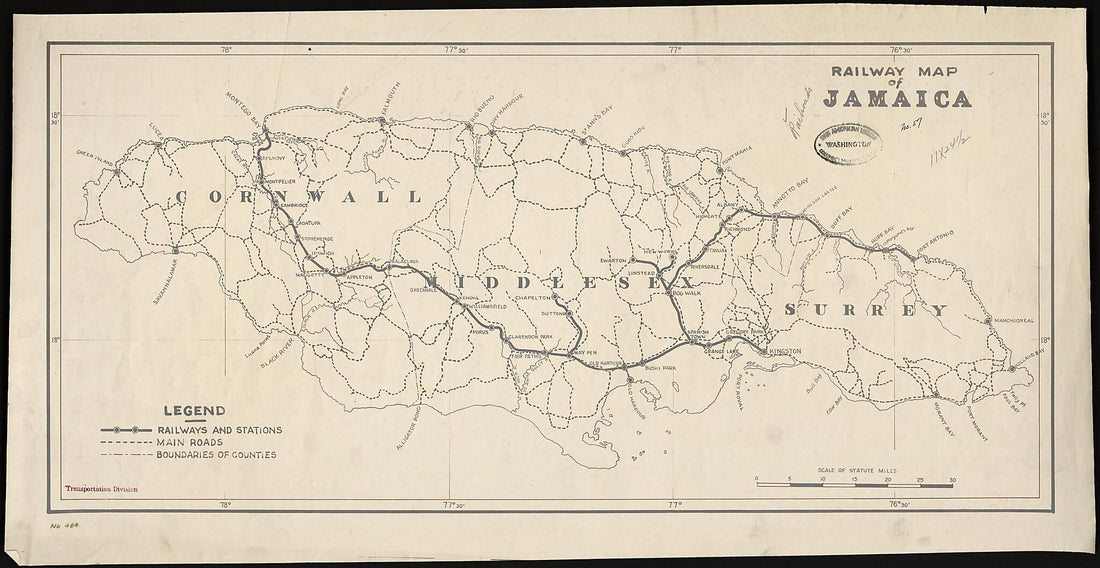 This old map of Railway Map of Jamaica from 1920 was created by Chamber of Commerce of the United States of America. Transportation and Communication Department in 1920