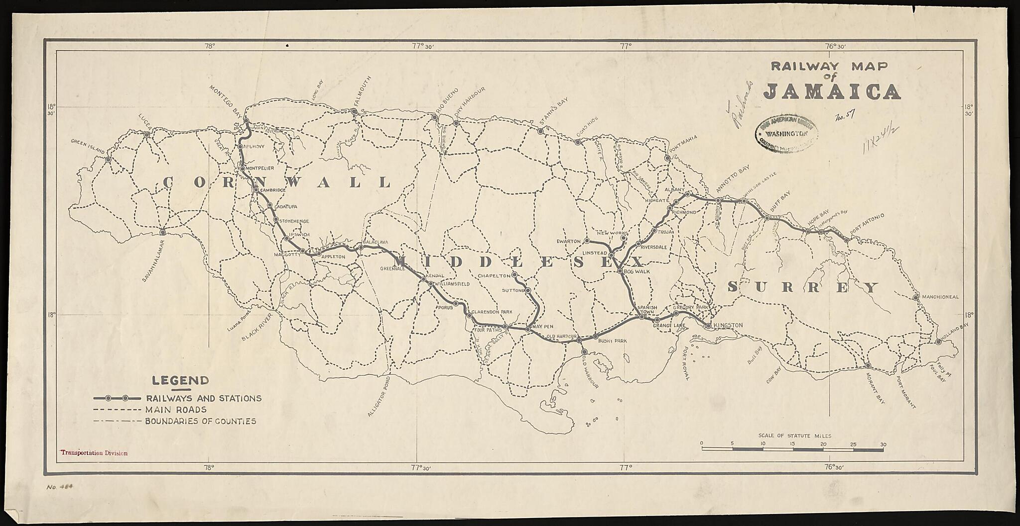 This old map of Railway Map of Jamaica from 1920 was created by Chamber of Commerce of the United States of America. Transportation and Communication Department in 1920