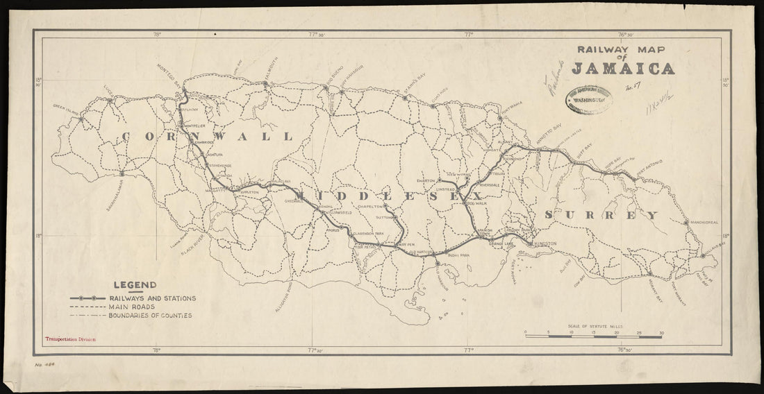 This old map of Railway Map of Jamaica from 1920 was created by Chamber of Commerce of the United States of America. Transportation and Communication Department in 1920