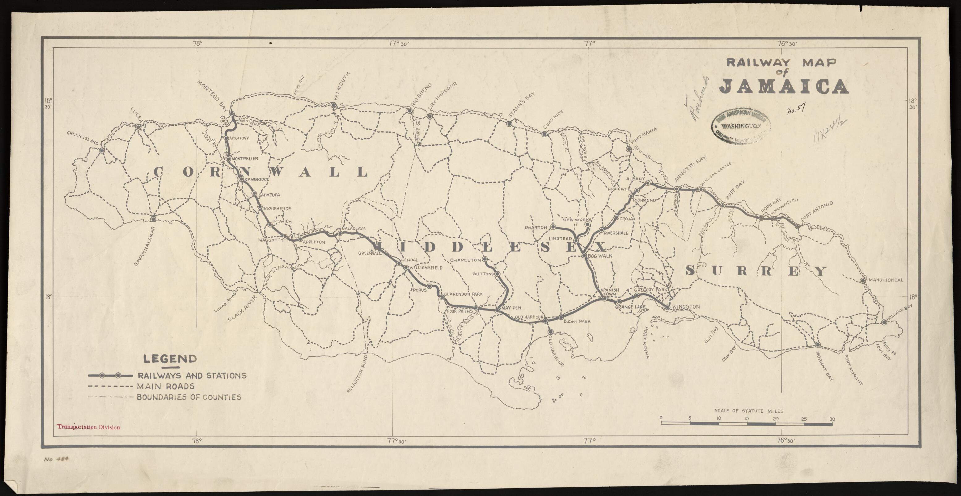 This old map of Railway Map of Jamaica from 1920 was created by Chamber of Commerce of the United States of America. Transportation and Communication Department in 1920