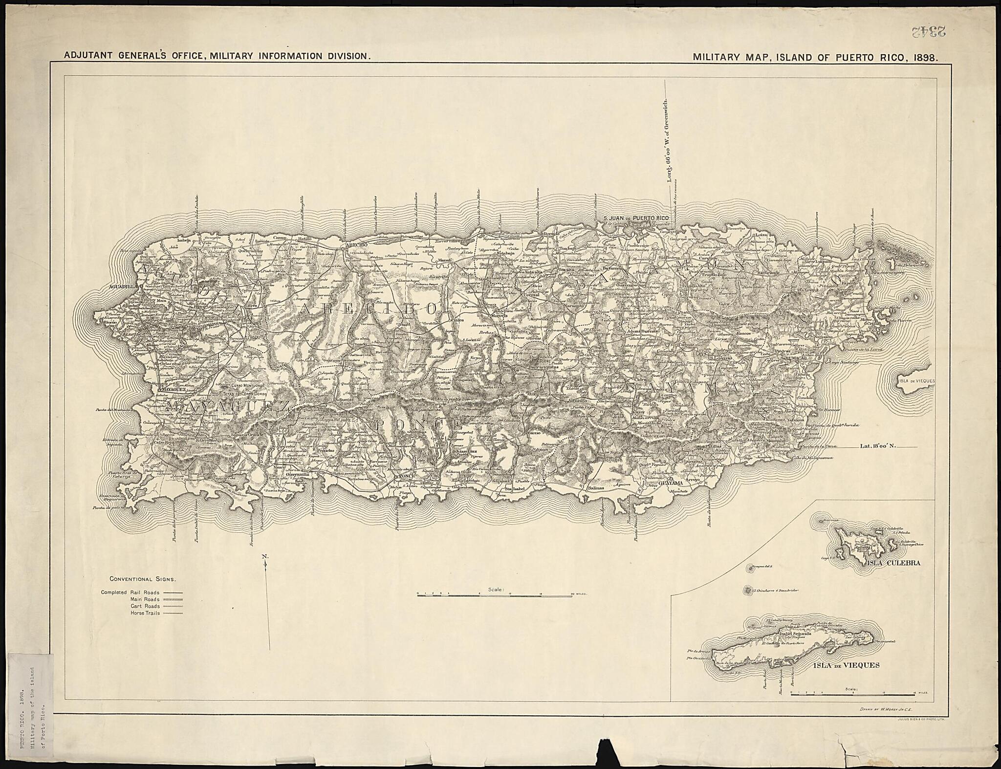 This old map of Military Map, Island of Puerto Rico from 1898 was created by Julius Bien and Company, W. Morey in 1898