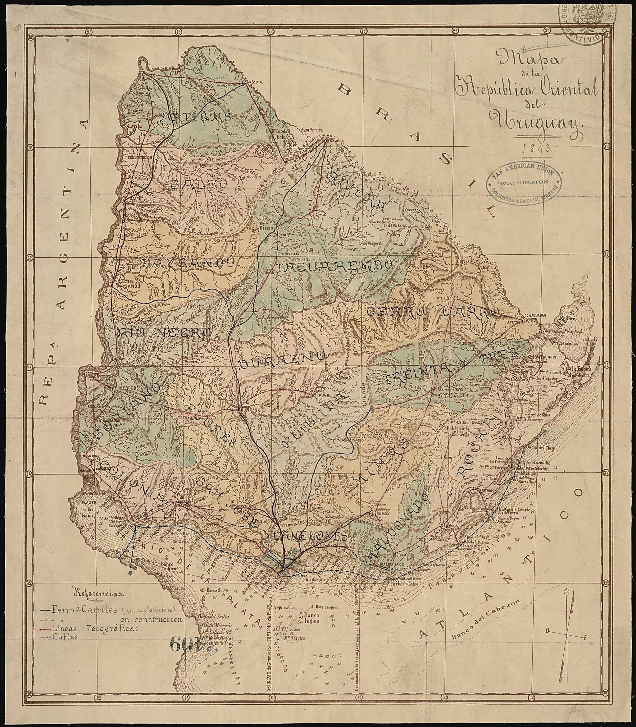 This old map of Map of the Eastern Republic of Uruguay, from 1893. (Mapa De La República Oriental Del Uruguay, from 1893) was created by in 1893