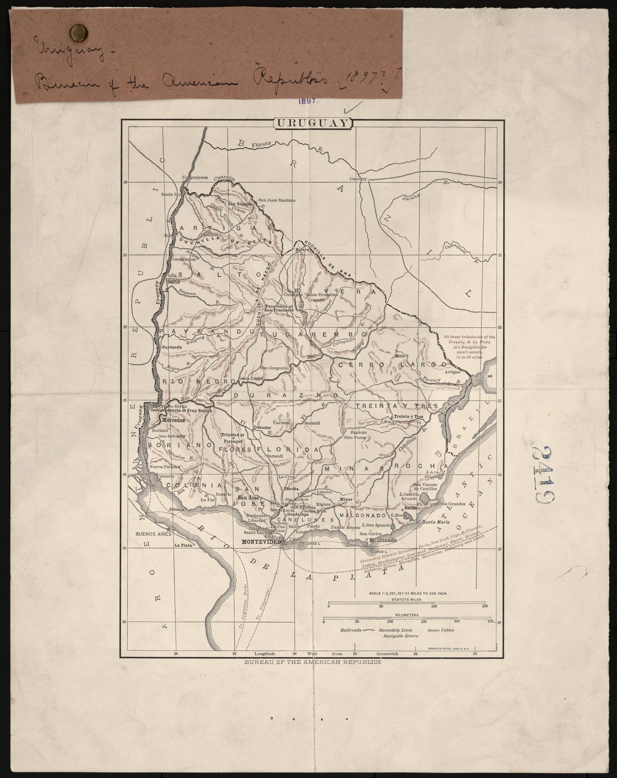 This old map of Uruguay from 1897 was created by Bradley & Poates in 1897
