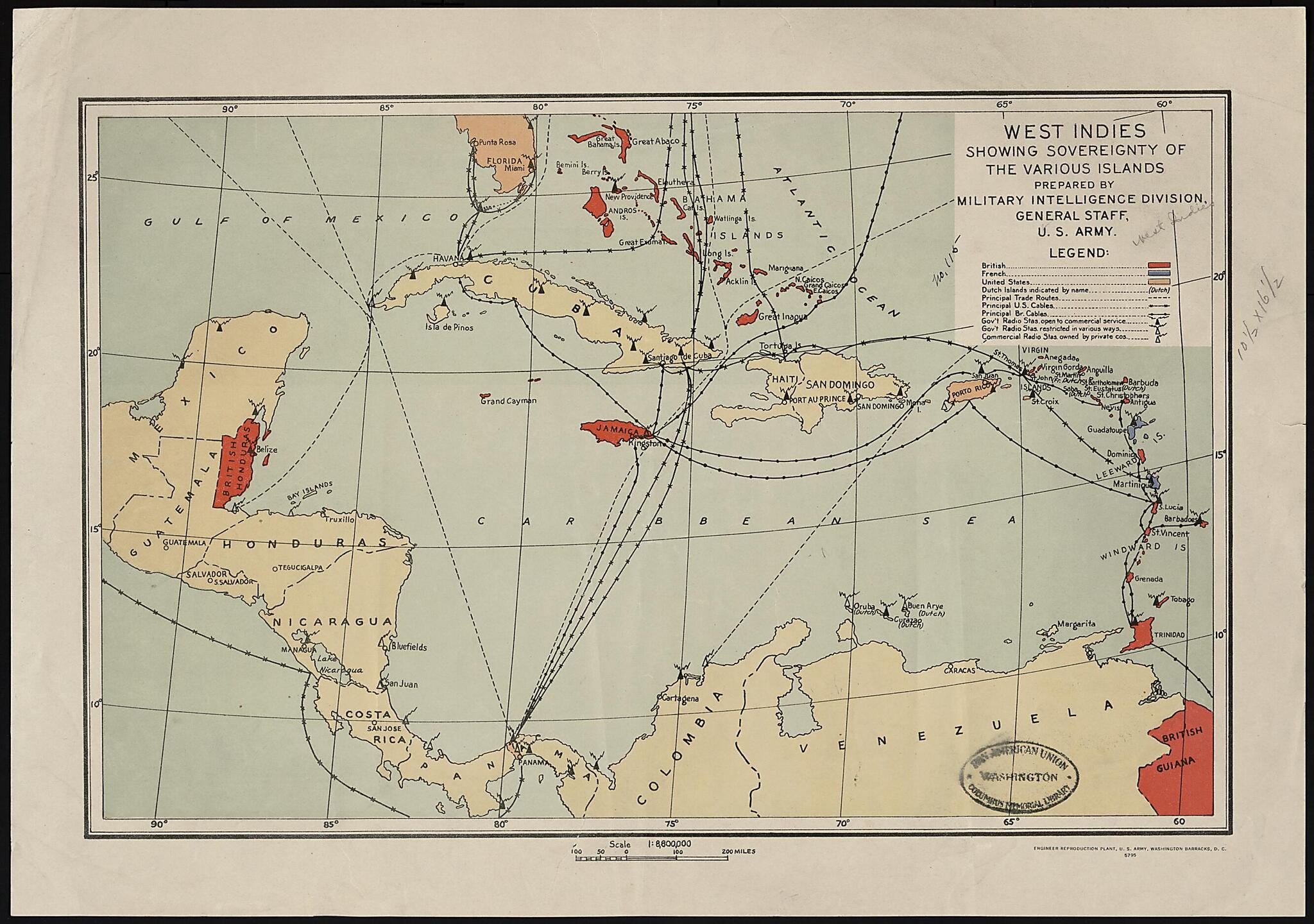 This old map of West Indies Showing Sovereignty of the Various Islands from 1914 was created by United States. Department of the Army. General Staff. Military Intelligence Division in 1914
