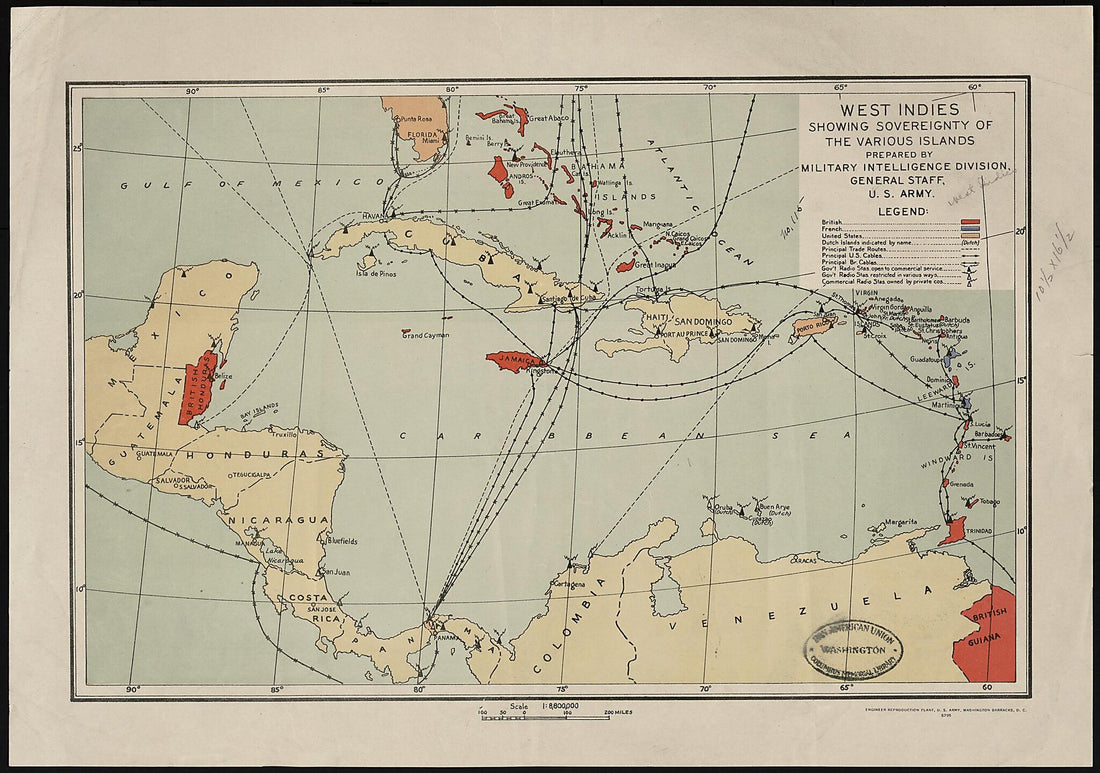 This old map of West Indies Showing Sovereignty of the Various Islands from 1914 was created by United States. Department of the Army. General Staff. Military Intelligence Division in 1914