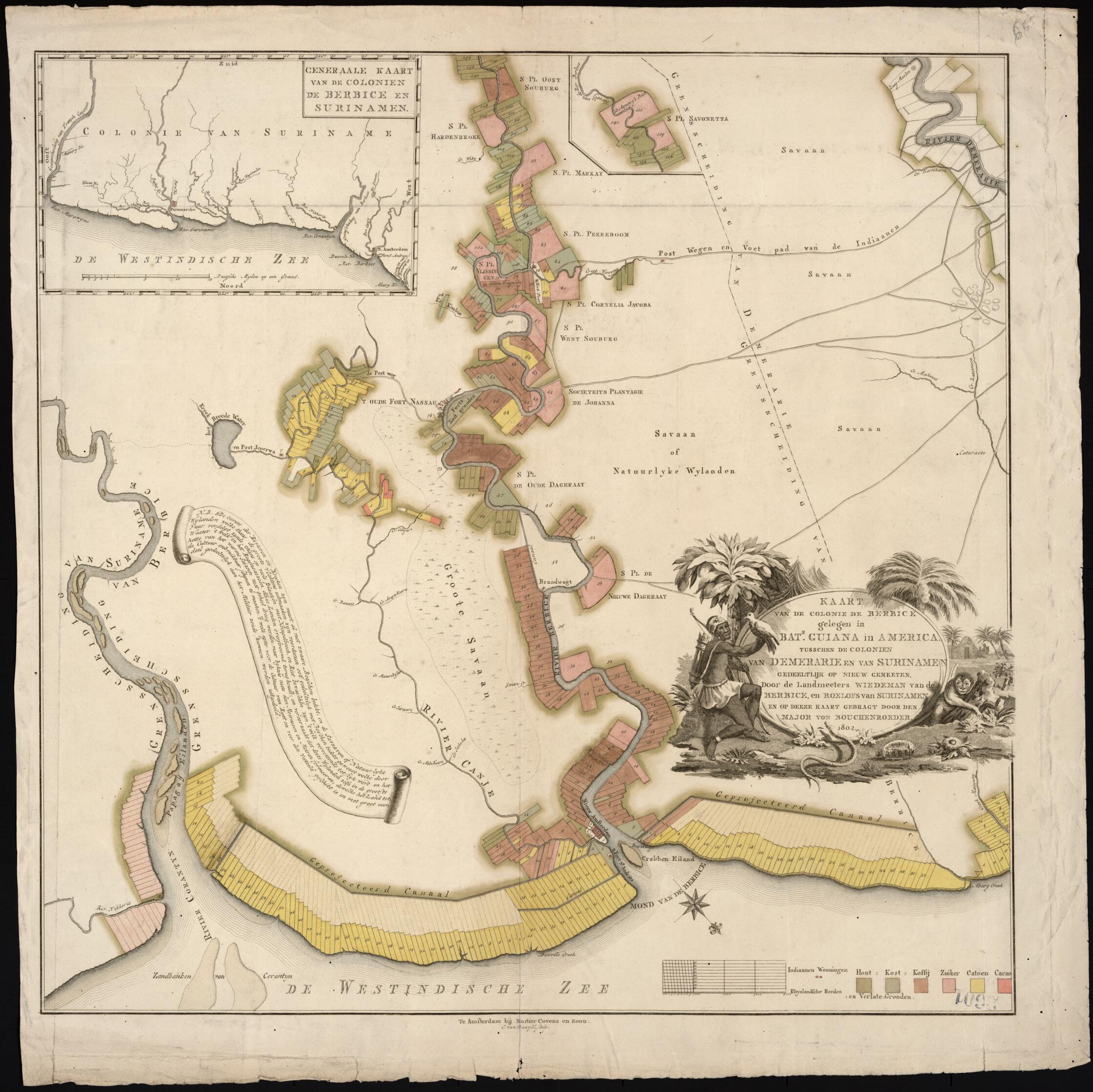 This old map of Map of the Colony of Berbice Located In Batavian Guiana In America Between the Colonies of Demerara and Suriname. (Kaart Van De Colonie De Berbice Gelegen In Bats. Guiana In America Tusschen De Colonien Van Demerarie En Van Surinamen) fro