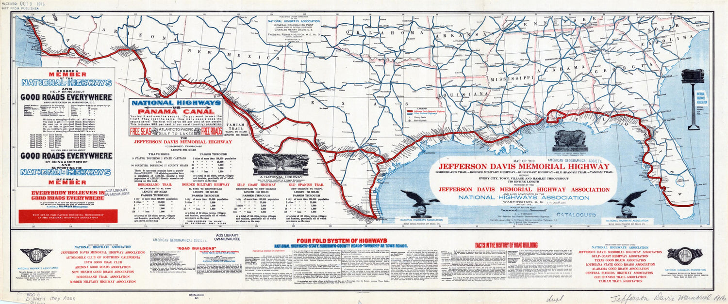 This old map of Map of the Jefferson Davis Memorial Highway. (Border Military Highway - Gulf-Coast Highway - Old Spanish Trail - Tamiam Trail, Showing Every City, Town, Village and Hamlet Throughout Its Entire Length) from 1916 was created by  Jefferson