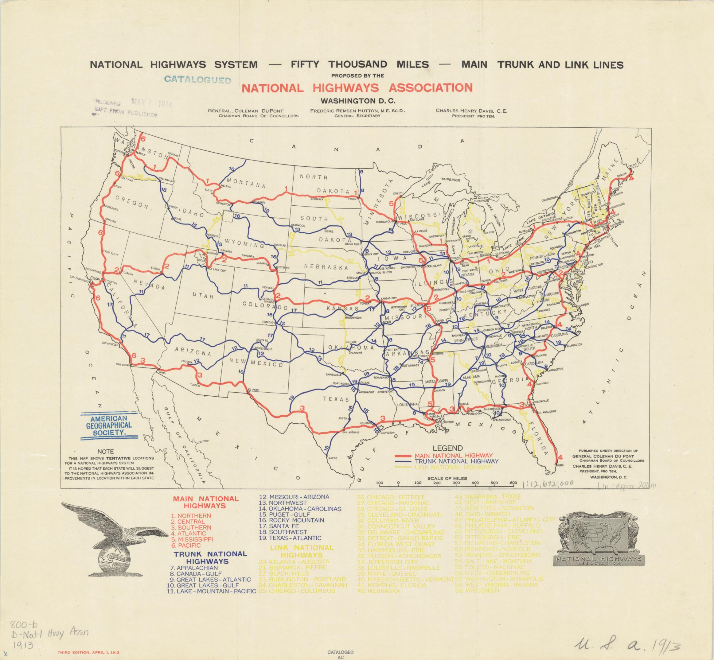 This old map of National Highways System Proposed In from 1913. (- Fifty Thousands Miles -- Main Trunk and Link Lines Proposed by the National Highways Association) was created by National Highways Association in 1913
