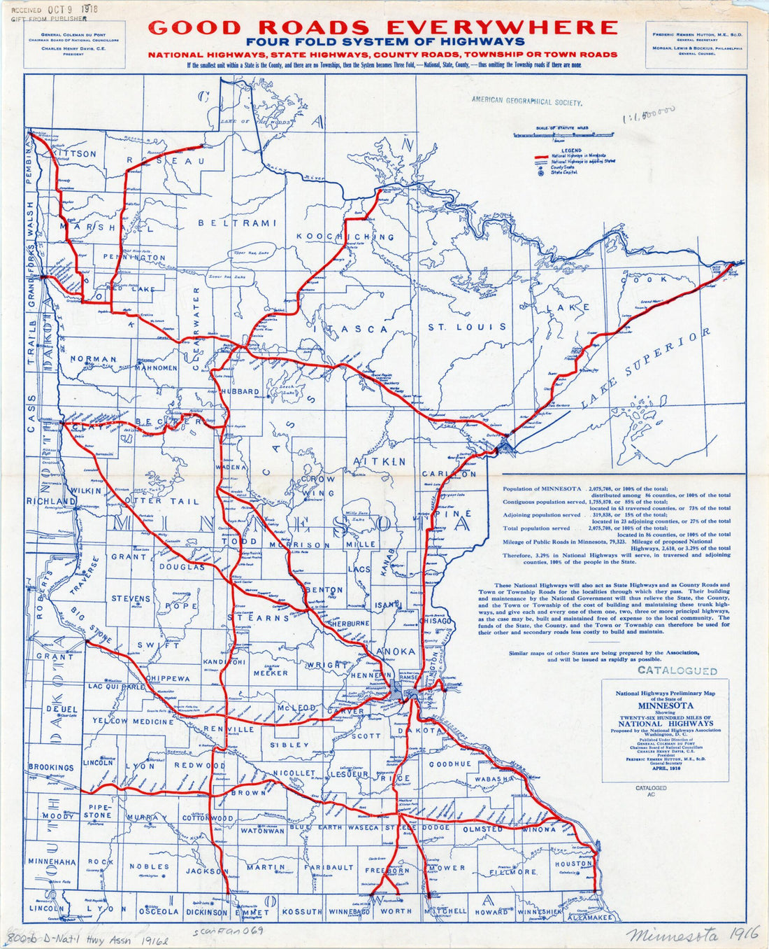 This old map of National Highways Preliminary Map of the State of Minnesota. (six Hundred Miles of National Highways) from 1916 was created by National Highways Association in 1916