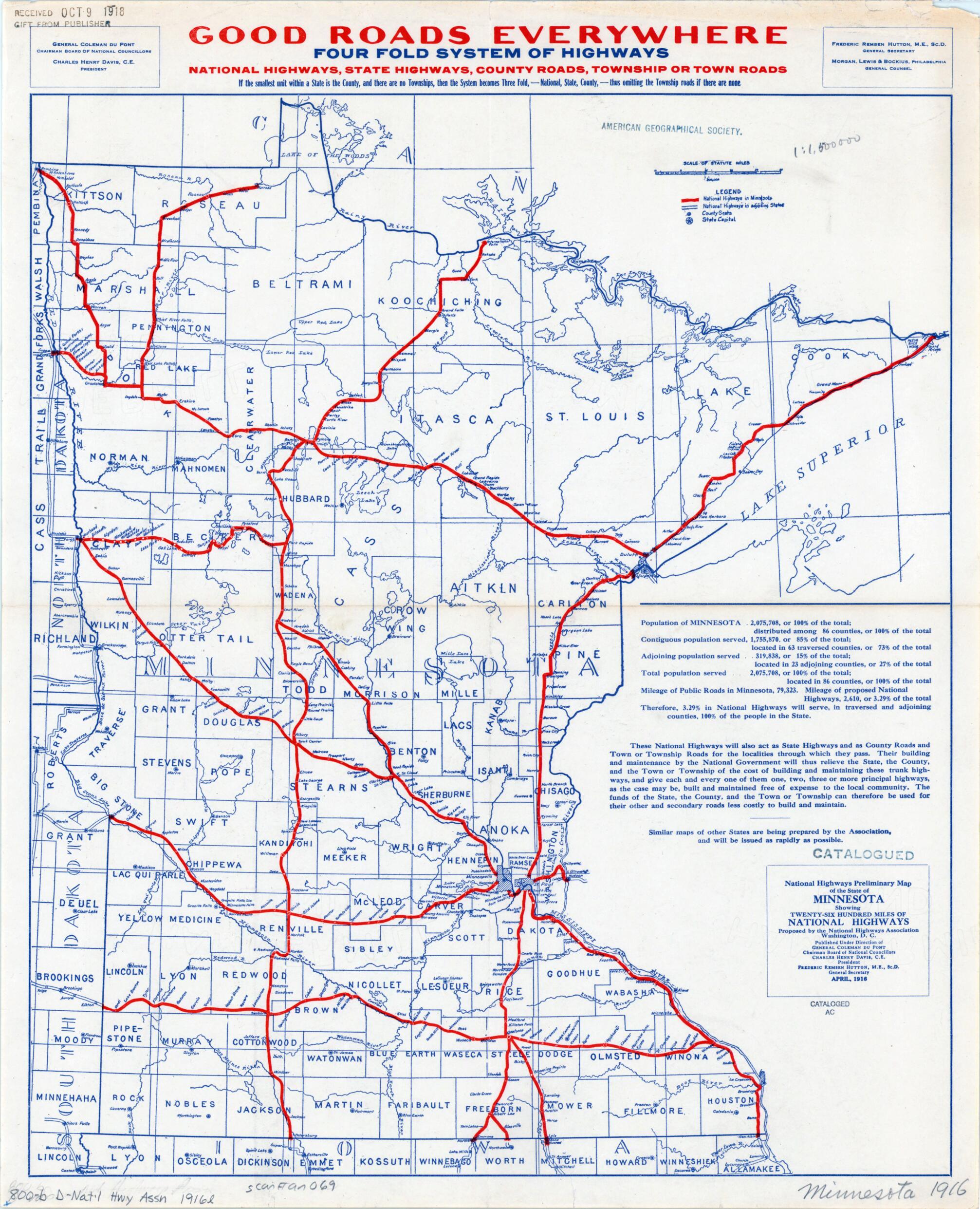 This old map of National Highways Preliminary Map of the State of Minnesota. (six Hundred Miles of National Highways) from 1916 was created by National Highways Association in 1916