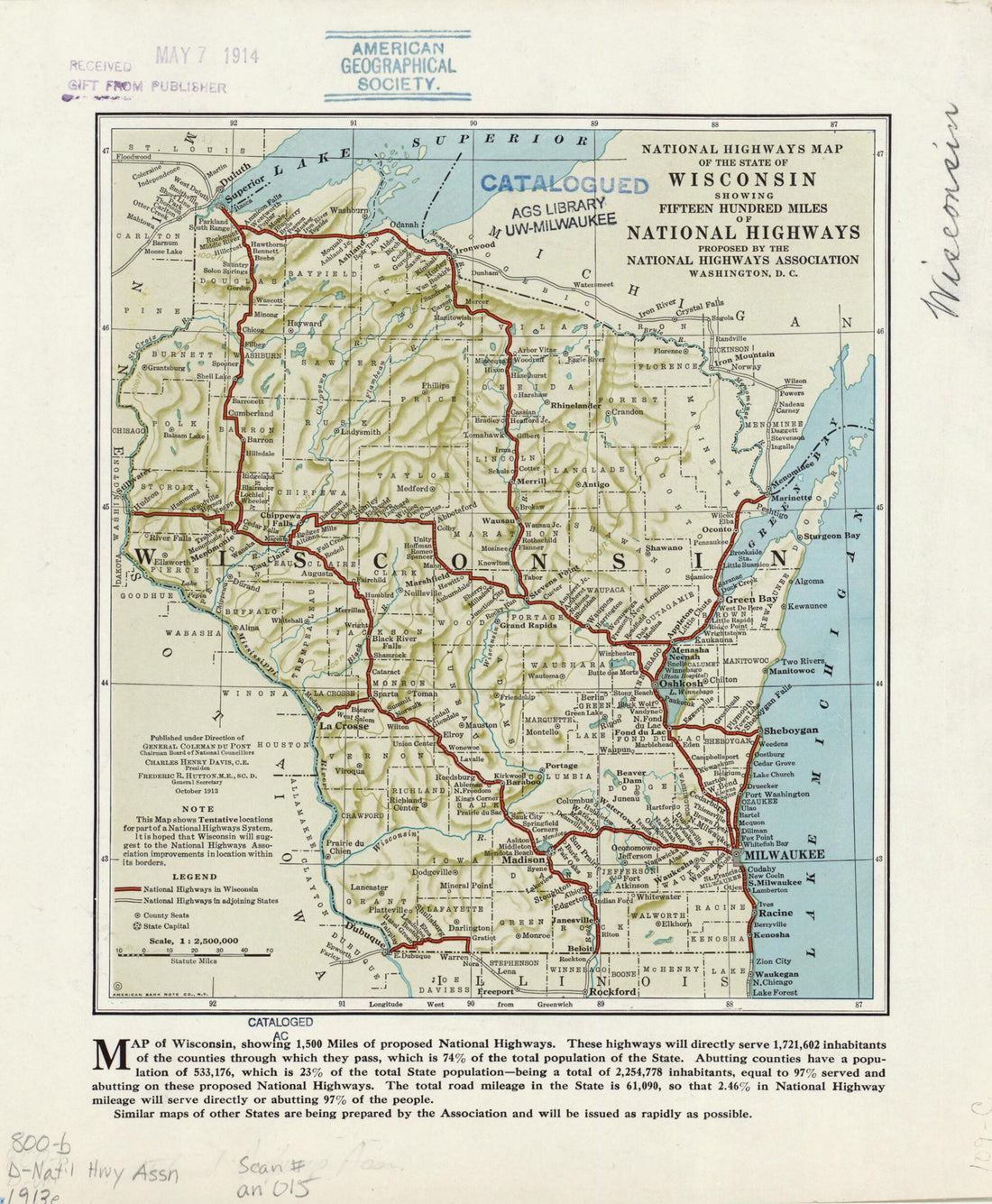 This old map of National Highways Map of the State of Wisconsin. (National Highways Map of the State of Wisconsin: Showing Fifteen Hundred Miles of National Highways Proposed by the National Highways Association) from 1913 was created by American Bank N