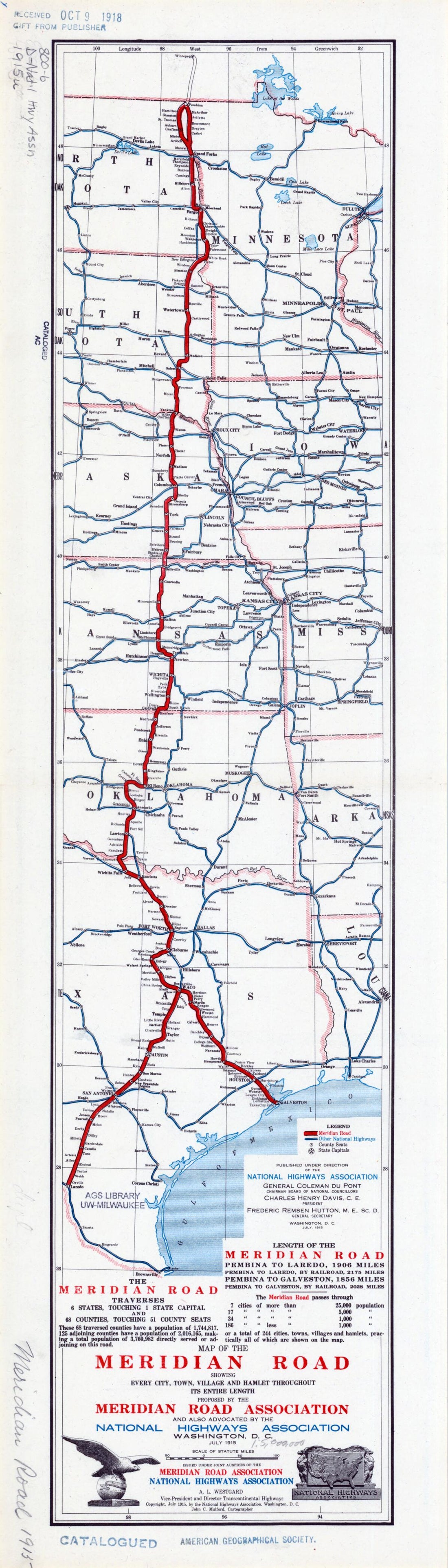 This old map of Map of the Meridian Road. (Map of the Meridian Road: Showing Every City, Town, Village and Hamlet Throughout Its Entire Length) from 1915 was created by Meridian Road Association, John C. Mulford, National Highways Association in 1915