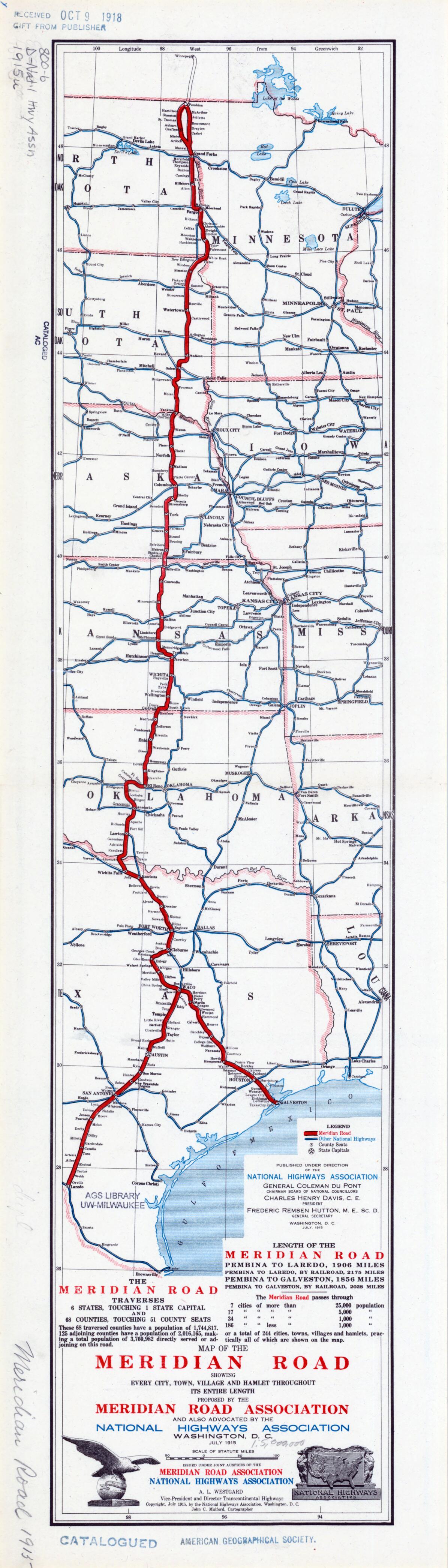 This old map of Map of the Meridian Road. (Map of the Meridian Road: Showing Every City, Town, Village and Hamlet Throughout Its Entire Length) from 1915 was created by Meridian Road Association, John C. Mulford, National Highways Association in 1915