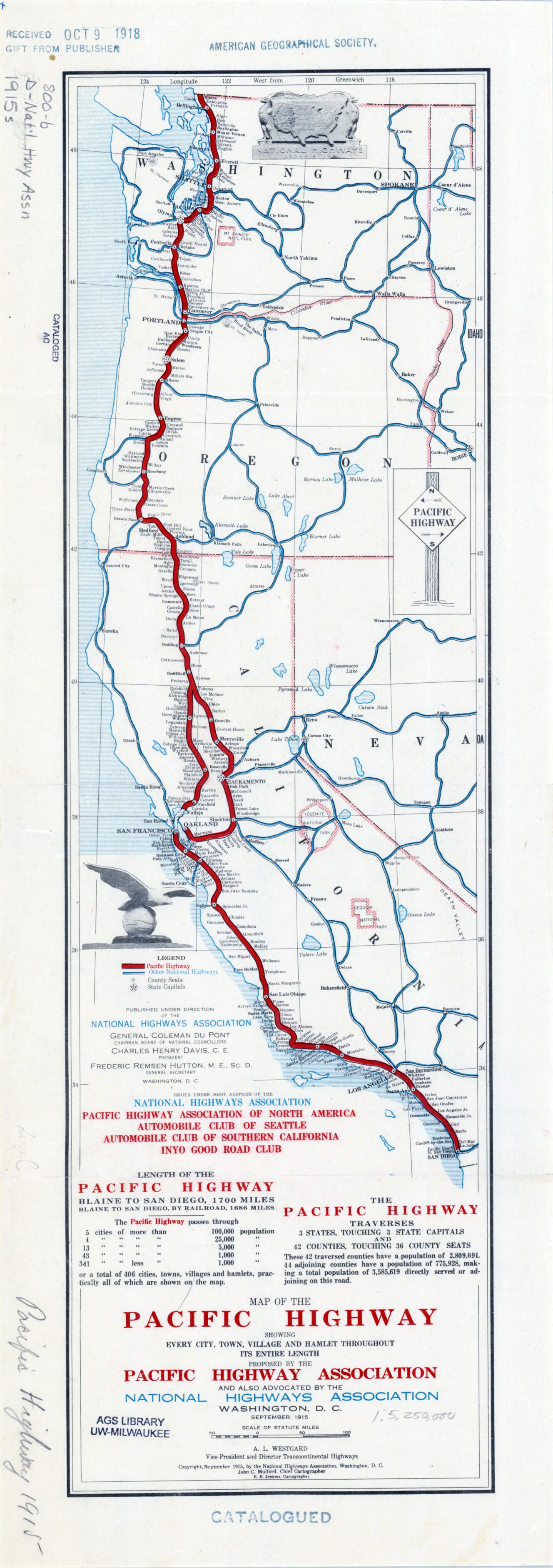 This old map of Map of the Pacific Highway. (Map of the Pacific Highway: Showing Every Town, Village and Hamlet Throughout Its Entire Length) from 1915 was created by Automobile Club of Seattle, Automobile Club of Southern California, Inyo Good Road C