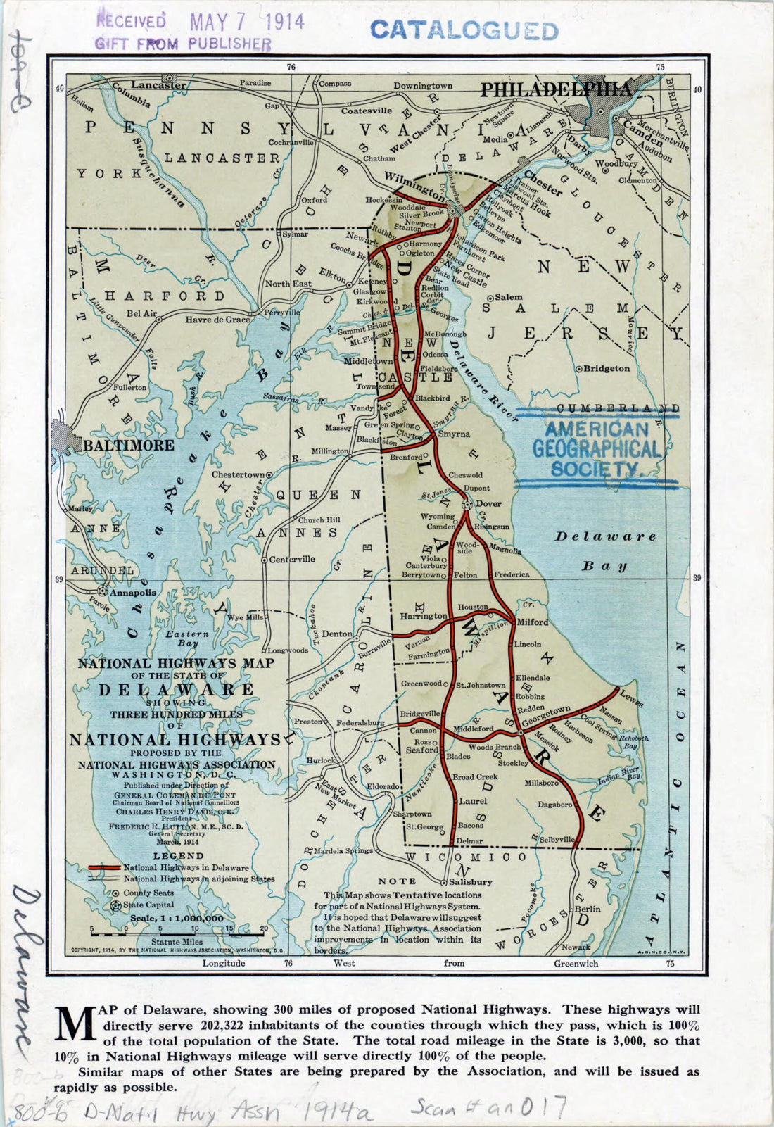 This old map of National Highways Association Map of the State of Delaware. (National Highways Association Map of the State of Delaware: Showing Three Hundred Miles of National Highways Proposed by the National Highways Association) from 1914 was created