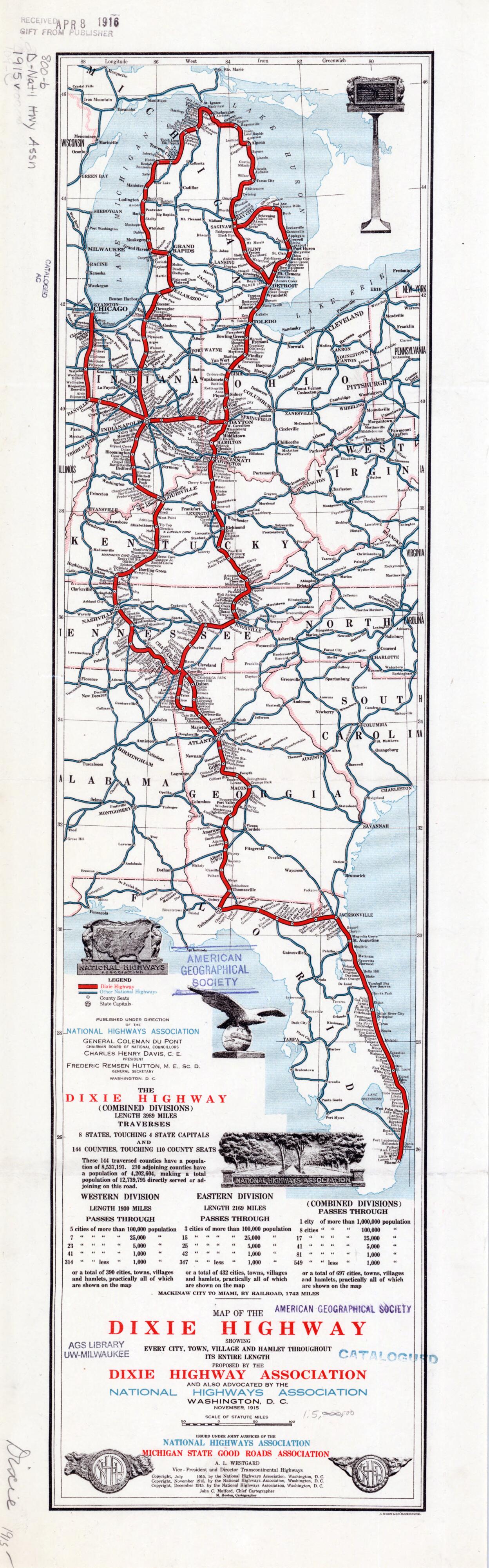 This old map of Map of the Dixie Highway. (Map of the Dixie Highway: Showing Every City, Town, Village and Hamlet Throughout Its Entire Length) from 1915 was created by A. Hoen and Company, Dixie Highway Association, M. Hooton, Michigan State Good Roads Association, John C. Mulford, National Highways Association in 1915