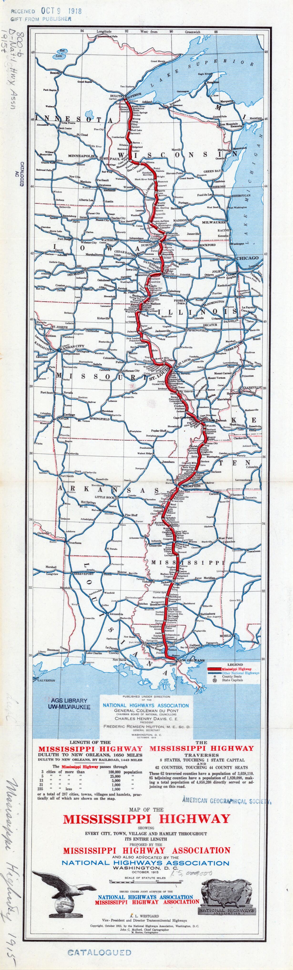 This old map of Map of the Mississippi Highway. (Map of the Mississippi Highway: Showing Every City, Town, Village and Hamlet Throughout Its Entire Length) from 1915 was created by M. Hooton, Mississippi Highway Association, John C. Mulford, National H