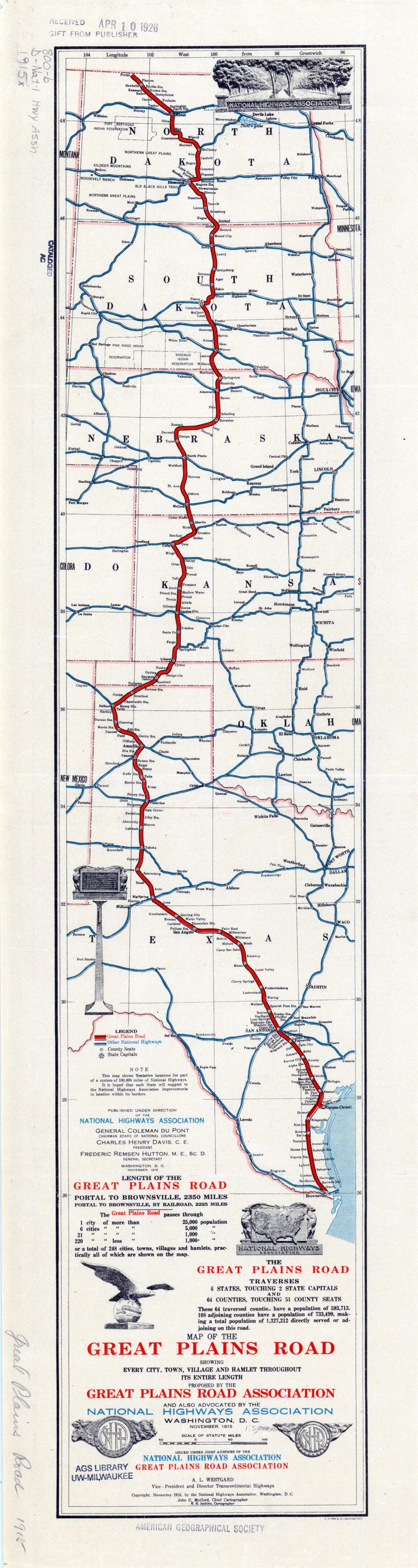 This old map of Map of the Great Plains Road. (Map of the Great Plains Road: Showing Every City, Town, Village and Hamlet Throughout Its Entire Length) from 1915 was created by A. Hoen and Company, Great Plains Road Association, E. E. Jenkins, John C.