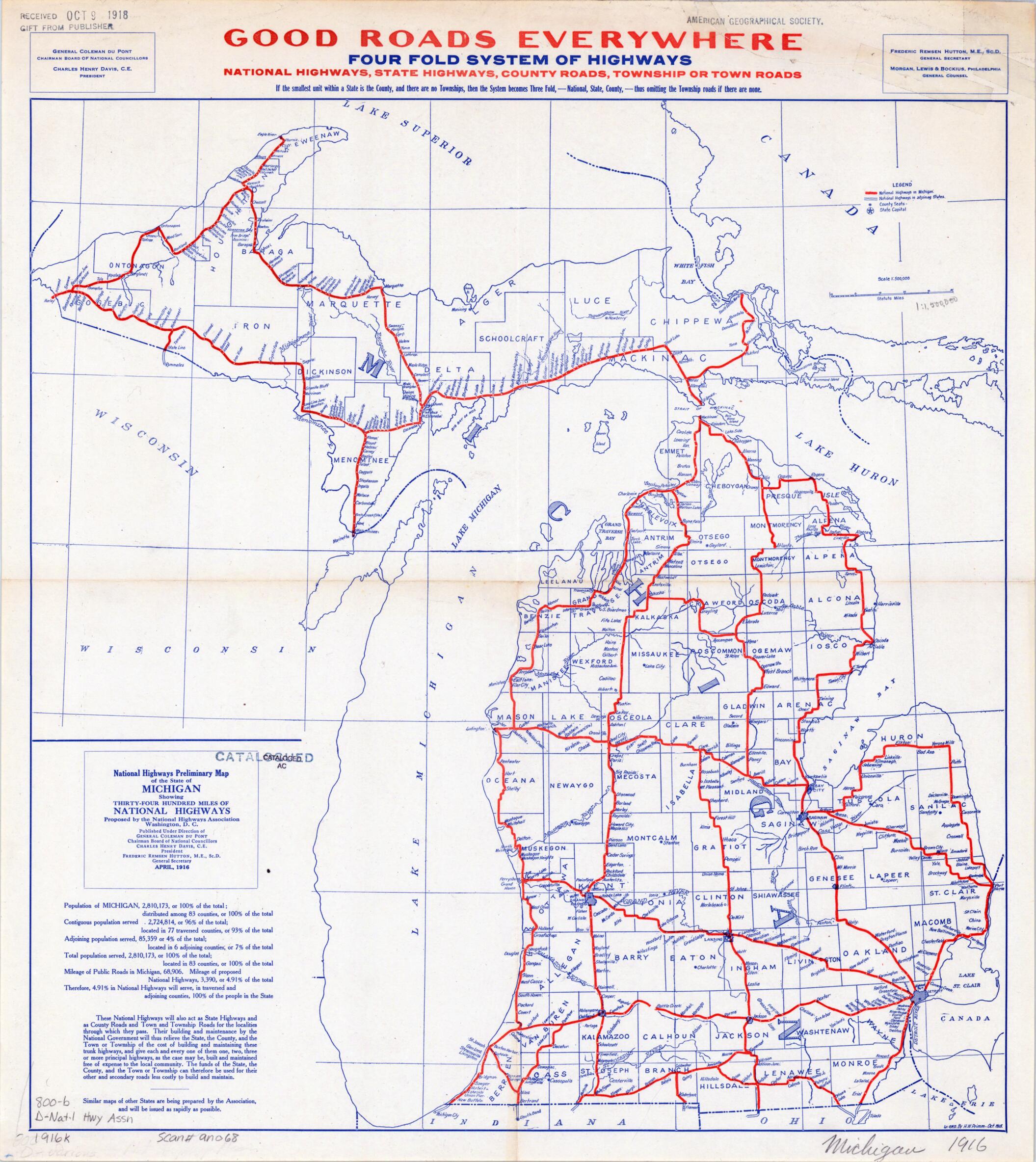 This old map of Map of Proposed National Highways for Michigan, from 1916. (Four Hundred Miles of National Highways Proposed by the National Highways Association) was created by National Highways Association, H.W. Primm in 1916