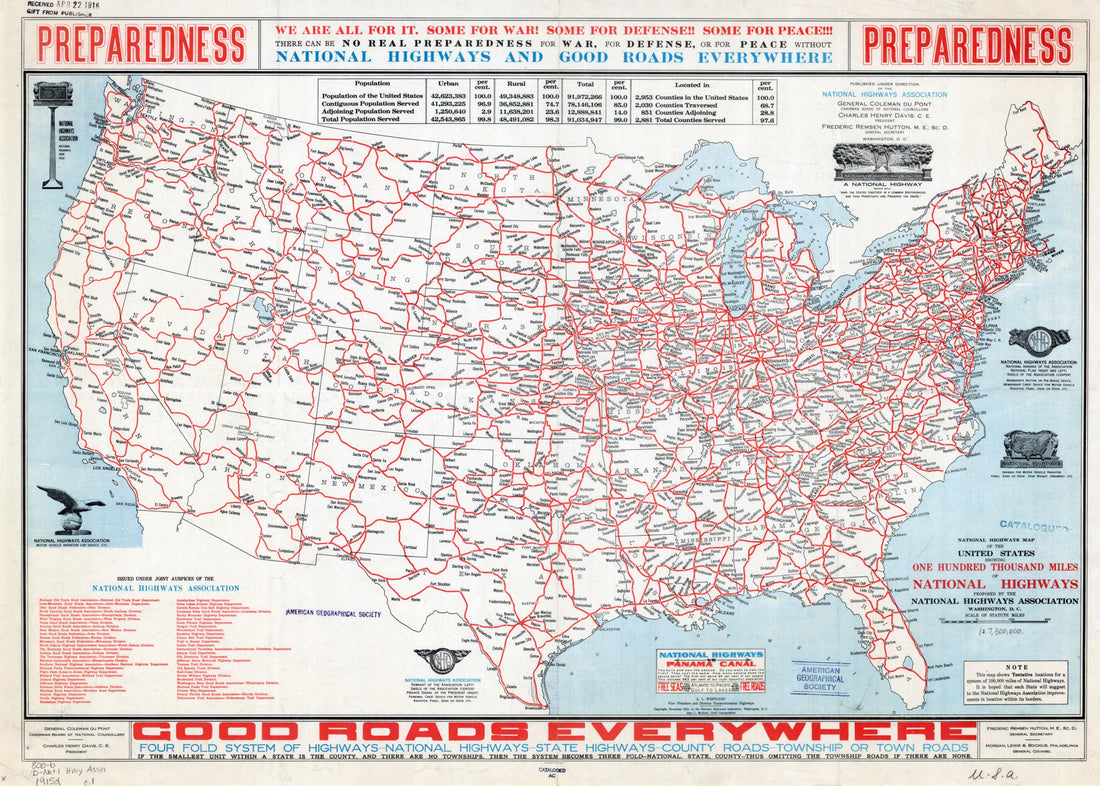 This old map of Map of United States Proposed National Highways, from 1915. (National Highways Map of the United States Showing One Hundred Thousand Miles of National Highways: Proposed by the National Highways Association) was created by John C. Mulford