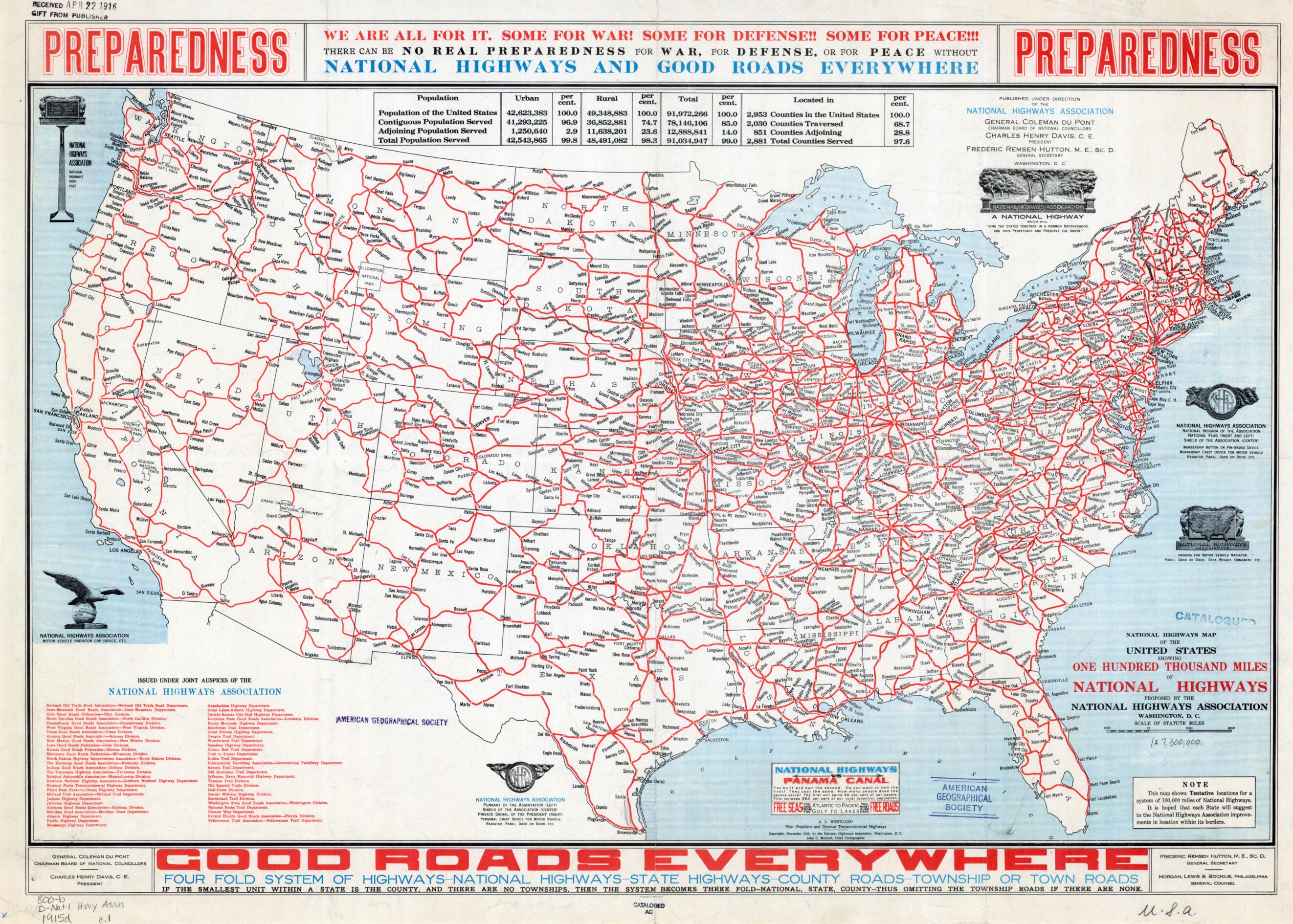 This old map of Map of United States Proposed National Highways, from 1915. (National Highways Map of the United States Showing One Hundred Thousand Miles of National Highways: Proposed by the National Highways Association) was created by John C. Mulford