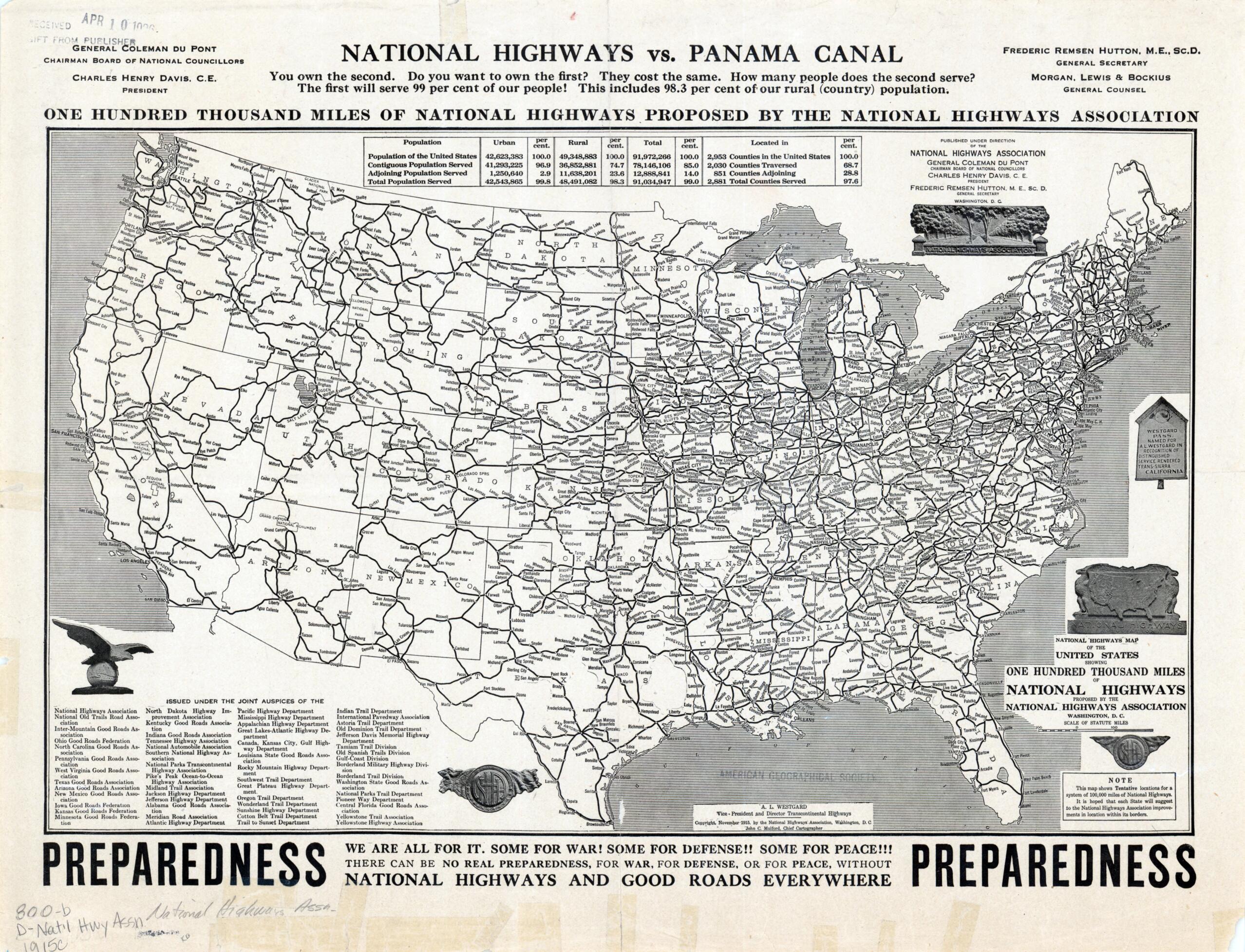 This old map of Map of Proposed National Highways of the United States, from 1915. (National Highways Map of the United States Showing One Hundred Thousand Miles of National Highways: Proposed by the National Highways Association) was created by John C.