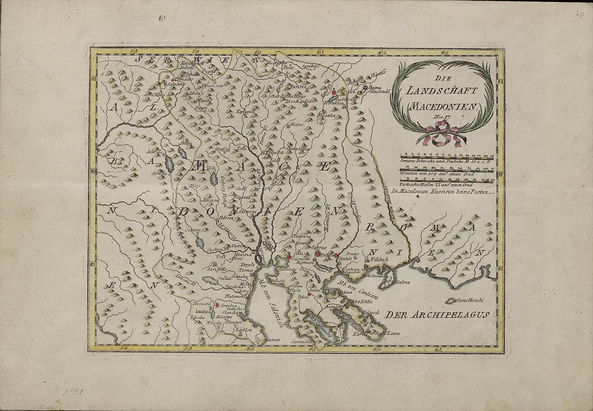 This old map of The Macedonian Landscape. (Die Landschaft Macedonien) from 1791 was created by Franz Johann Joseph Von Reilly in 1791