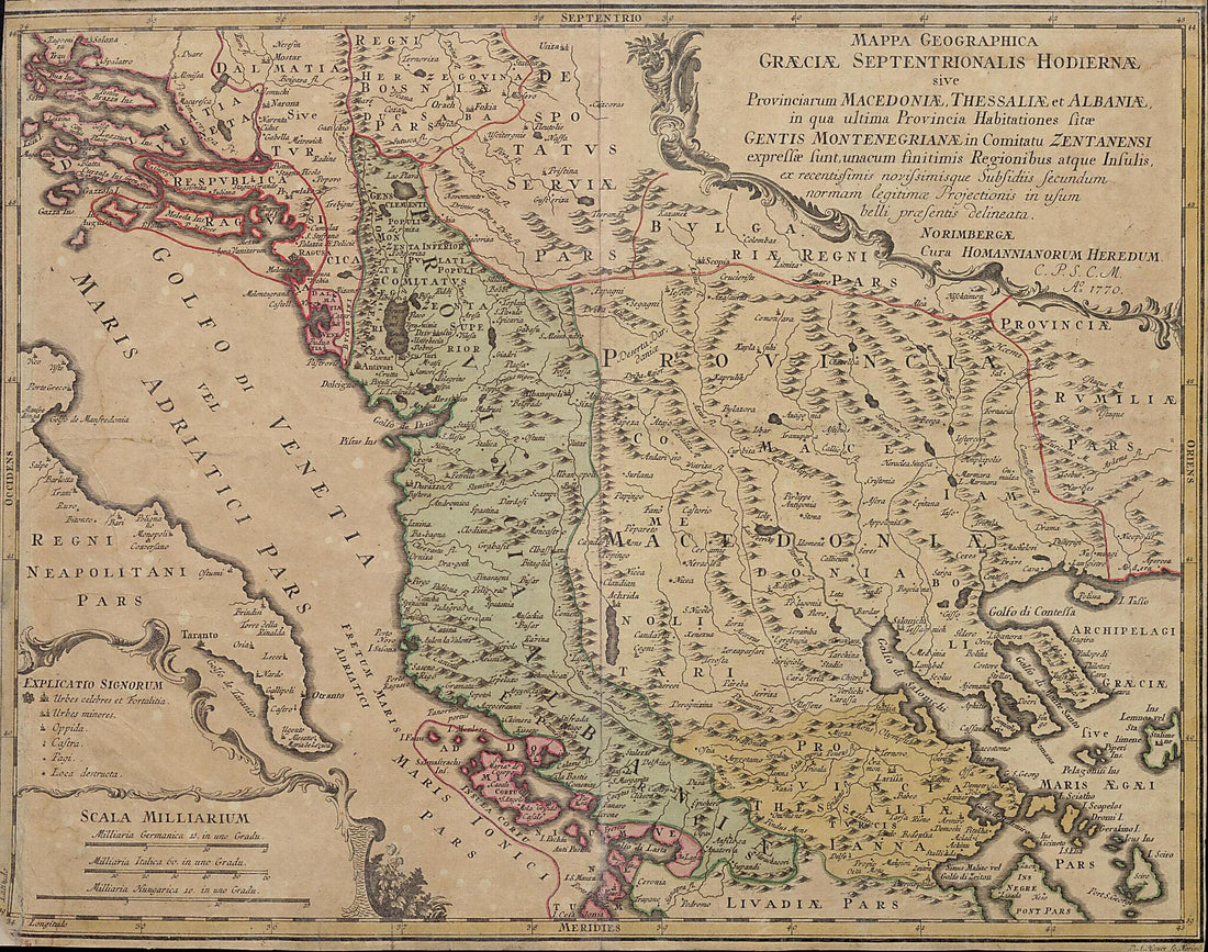This old map of Geographical Map of Modern Northern Greece. (Mappa Geographica Graeciae Septentrionalis Hodiernae Sive Provinciarum Macedoniae, Thessaliae Et Albaniae In Qua Ultima Provincia Habitationes Sitae Gentis Montenegrianae In Comitatu Zentanensi