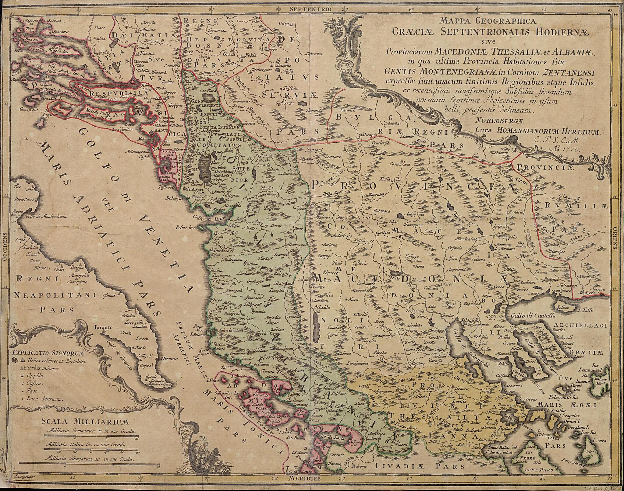 This old map of Geographical Map of Modern Northern Greece. (Mappa Geographica Graeciae Septentrionalis Hodiernae Sive Provinciarum Macedoniae, Thessaliae Et Albaniae In Qua Ultima Provincia Habitationes Sitae Gentis Montenegrianae In Comitatu Zentanensi