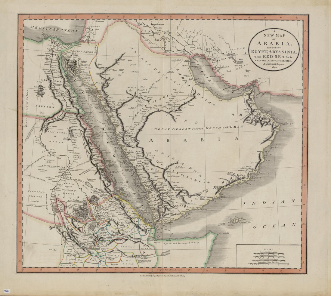 This old map of A New Map of Arabia, Including Egypt, Abyssinia, the Red Sea, from the Latest Authorities. (A New Map of Arabia, Including Egypt, Abyssinia, the Red Sea &c., &c., from the Latest Authorities) from 1804 was created by John Cary in 1804