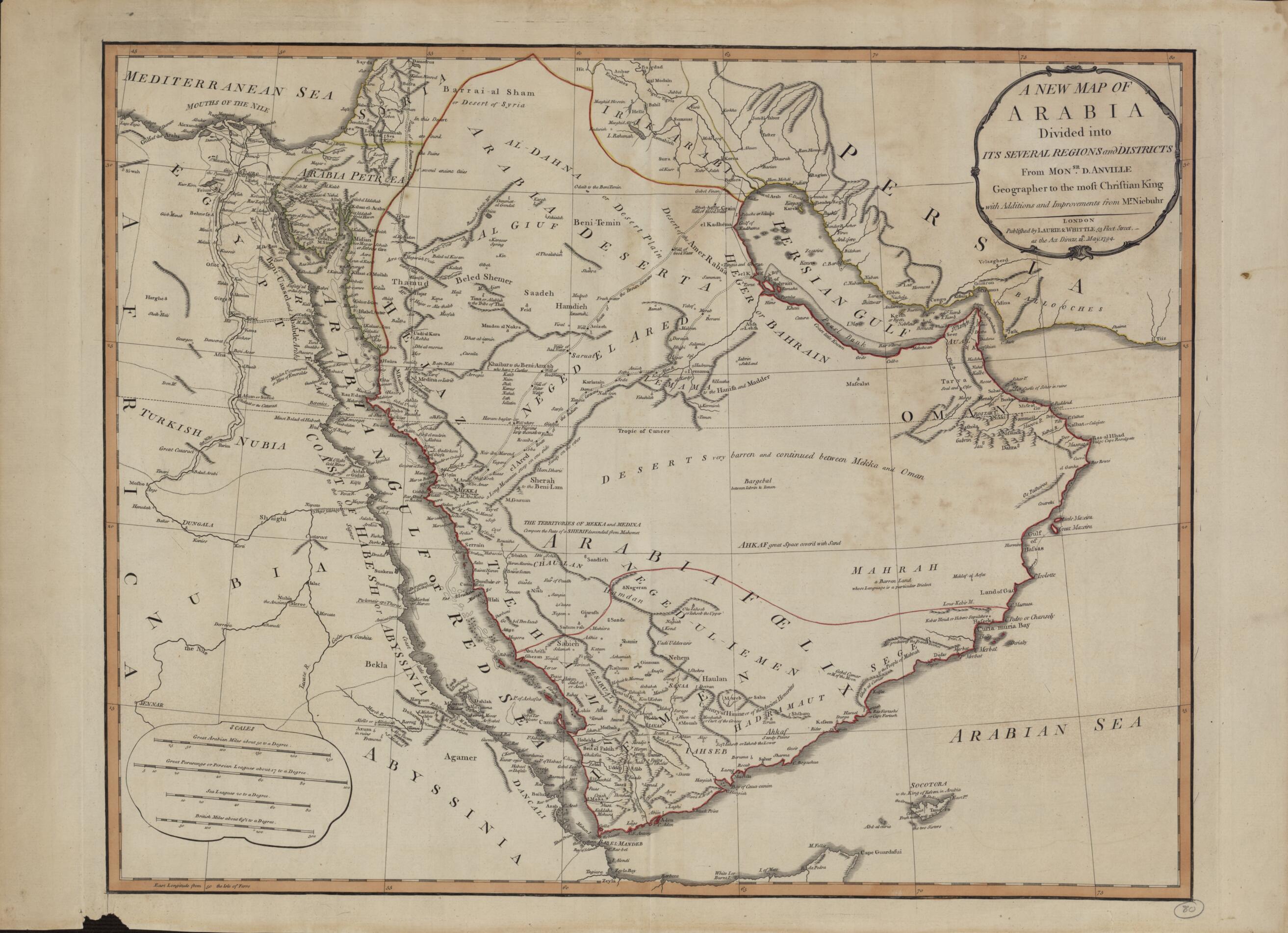 This old map of A New Map of Arabia: Divided Into Its Several Regions and Districts. (A New Map of Arabia: Divided Into Its Several Regions and Districts) from 1794 was created by Baptiste Bourguignon D, Carsten Niebuhr in 1794