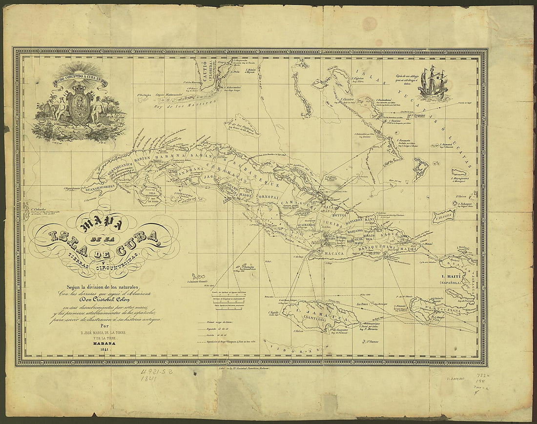 This old map of Map of the Island of Cuba and Surrounding Territories. (Mapa De La Isla De Cuba Y Tierras Circunvecinas Según La División De Los Naturales Con Las Derrotas Que Siguió El Almirante Cristóbal Colón Para Servir De Ilustración a Su Hist