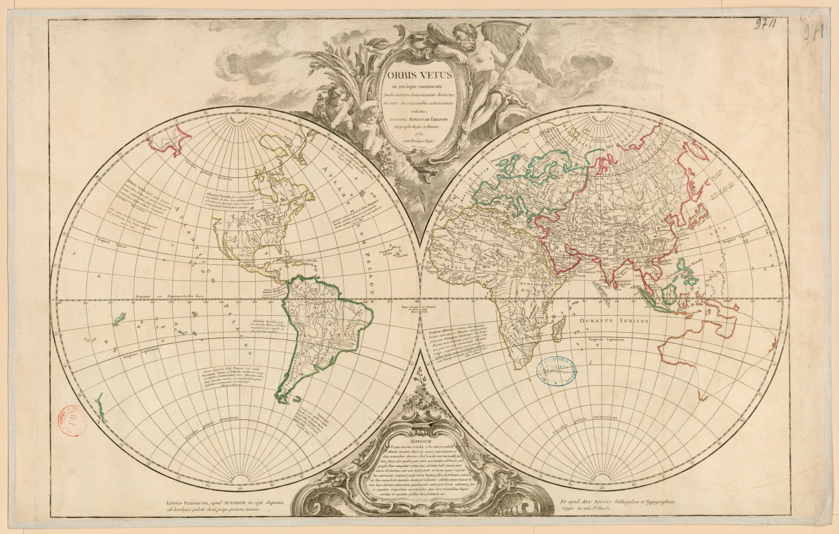 This old map of Map of the Old World, from 1752. (Orbis Vetus In Utrâque Continente Juxta Mentem Sansonianam Distinctus, Nec Non Observationibus Astronomicis Redactus Accurante Robert De Vaugondy) was created by Didier Robert De Vaugondy in 1752