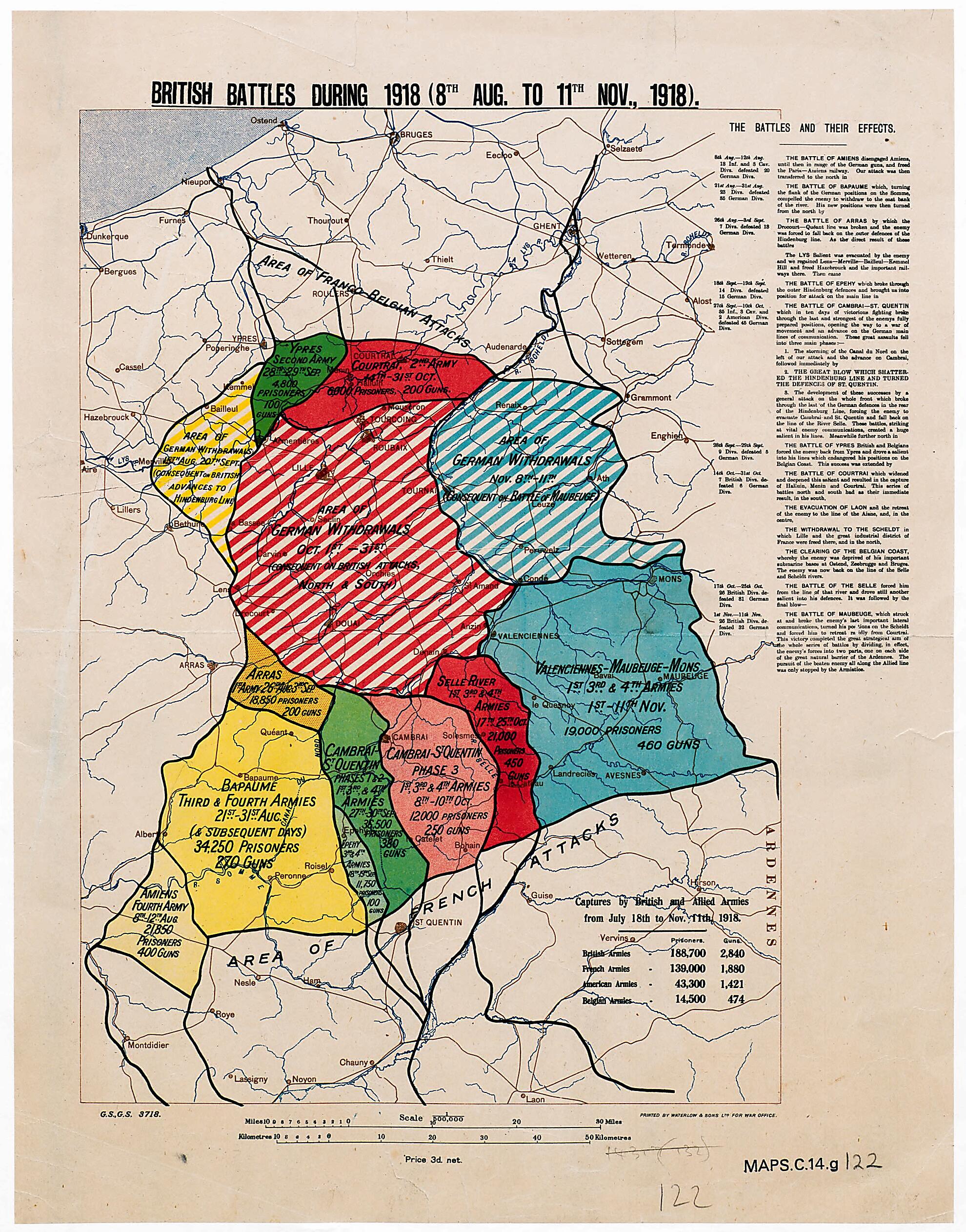 This old map of British Battles During from 1918 (8th August to 11th November from 1918). (British Battles During from 1918 (8th Aug. to 11th Nov. from 1918)) was created by Great Britain. War Office. General Staff. Geographical Section in 1918