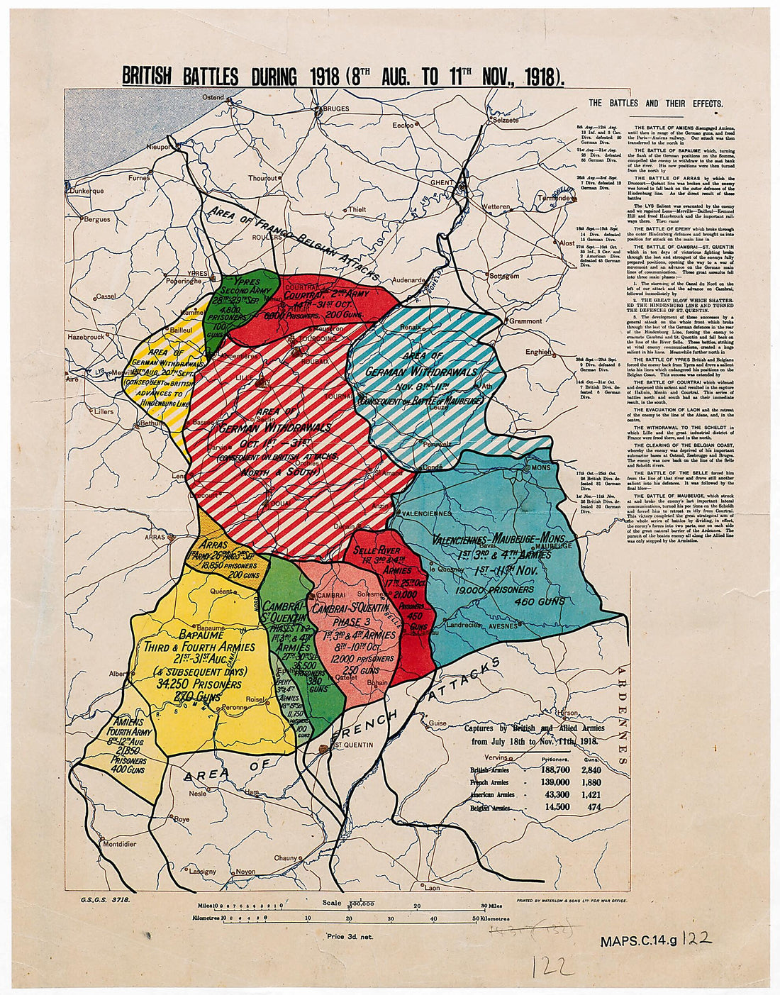 This old map of British Battles During from 1918 (8th August to 11th November from 1918). (British Battles During from 1918 (8th Aug. to 11th Nov. from 1918)) was created by Great Britain. War Office. General Staff. Geographical Section in 1918