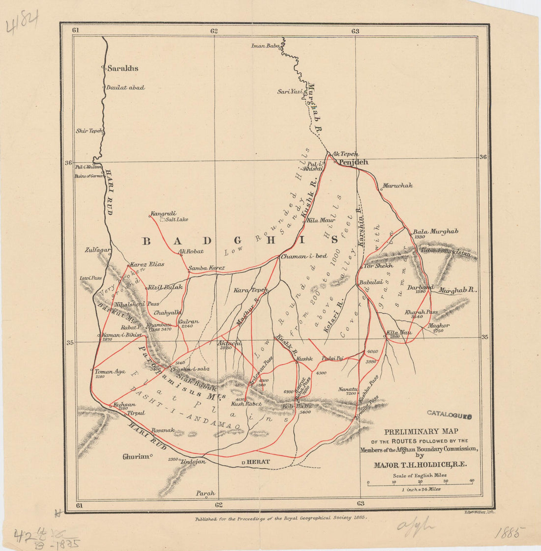 This old map of Preliminary Map of the Routes Followed by the Members of the Afghan Boundary Commission from 1885 was created by Thomas Hungerford Holdich, Royal Geographical Society (Great Britain), Edward Weller in 1885
