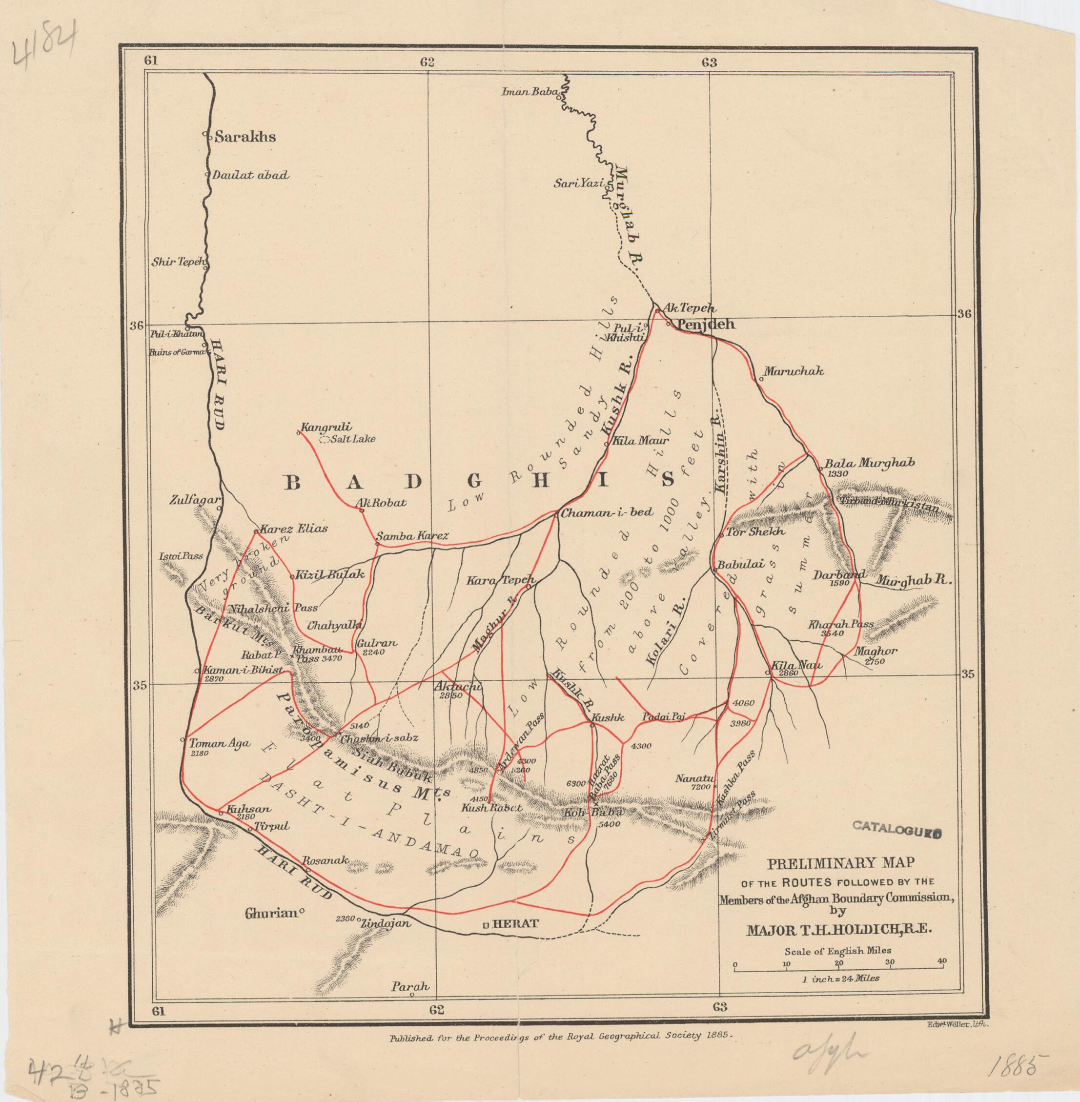 This old map of Preliminary Map of the Routes Followed by the Members of the Afghan Boundary Commission from 1885 was created by Thomas Hungerford Holdich, Royal Geographical Society (Great Britain), Edward Weller in 1885